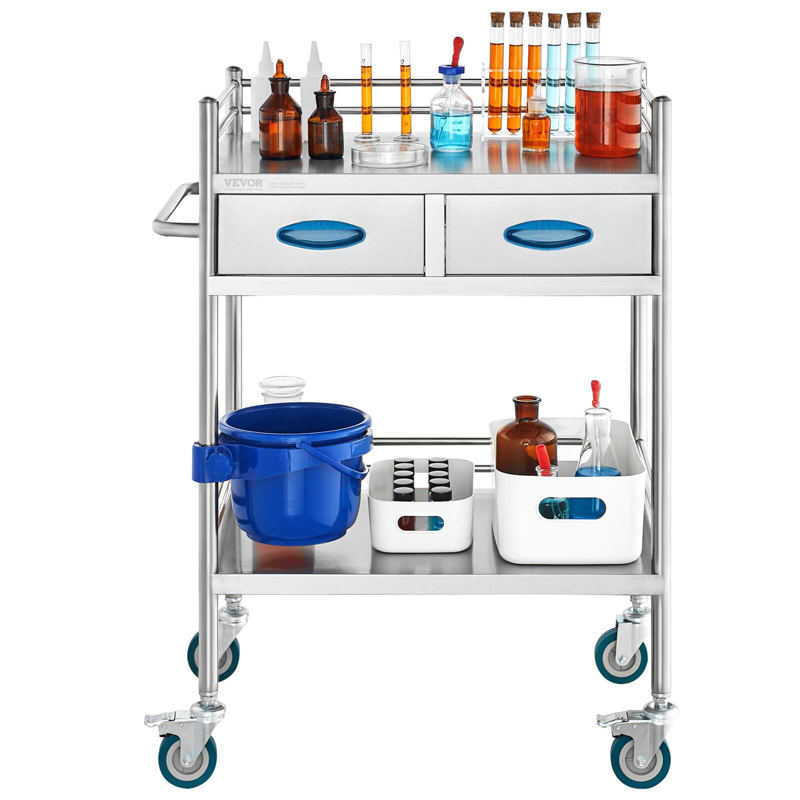 Alt View 5. VEVOR - Lab Serving Cart, 2 Layers Stainless Steel Utility Rolling Cart, Medical Cart with Two Drawers, with Lockable Wheels - Silver.