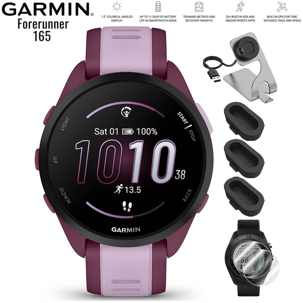 Garmin - Forerunner 165 Music Smart Sport Watch Berry + Lilac with Charging Bundle - Berry/Lilac - (2024)