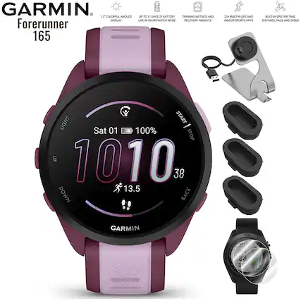 GARMIN
Forerunner 165
1.2" COLORFUL AMOLED DISPLAY
UP TO 11 DAYS OF BATTERY
TRAINING METRICS AND RECOVERY INSIGHTS
25+ BUILT-IN GPS AND INDOOR SPORTS APPS
BUILT-IN GPS FOR TIME, DISTANCE, PACE AND SPEED
LIGHT
Sat 01
100%
10:10
38
13.5
GARMIN
START / STOP
UP
DOWN
BACK
DAYS OF BATTERY
SMARTWATCH MODE
TRAINING METRICS AND RECOVERY INSIGHTS
25+ BUILT-IN GPS AND INDOOR SPORTS APPS
BUILT-IN GPS FOR TIME, DISTANCE, PACE AND SPEED