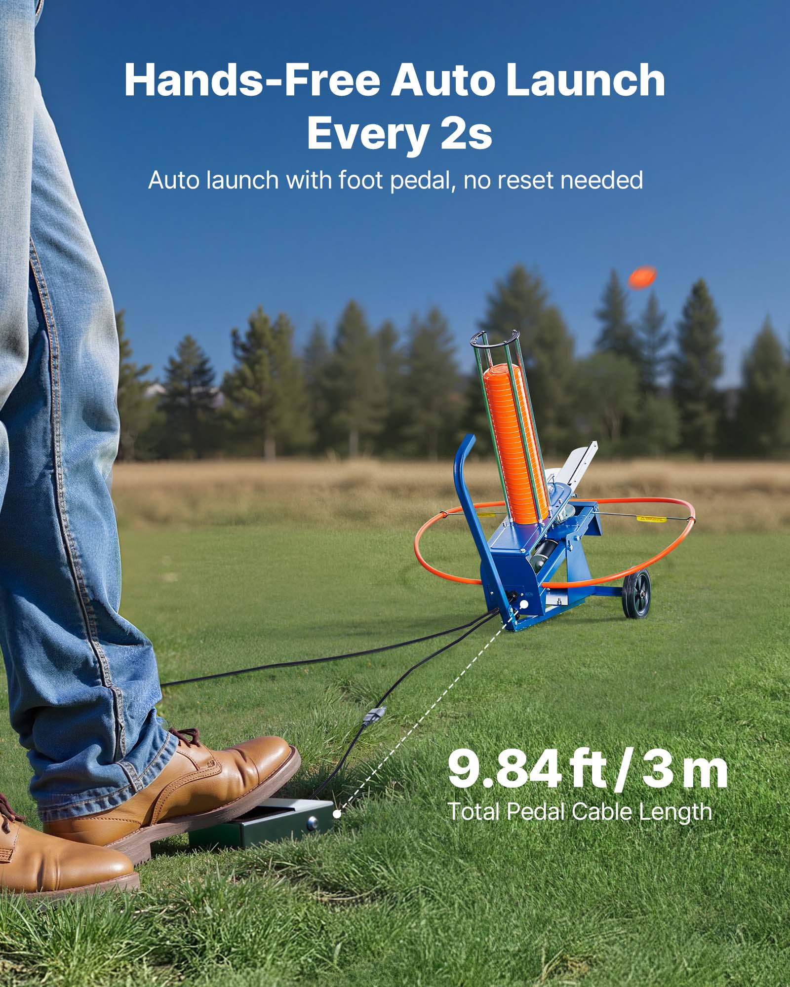 Hands-Free Auto Launch Every 2s  
Auto launch with foot pedal, no reset needed  

9.84 ft / 3 m  
Total Pedal Cable Length