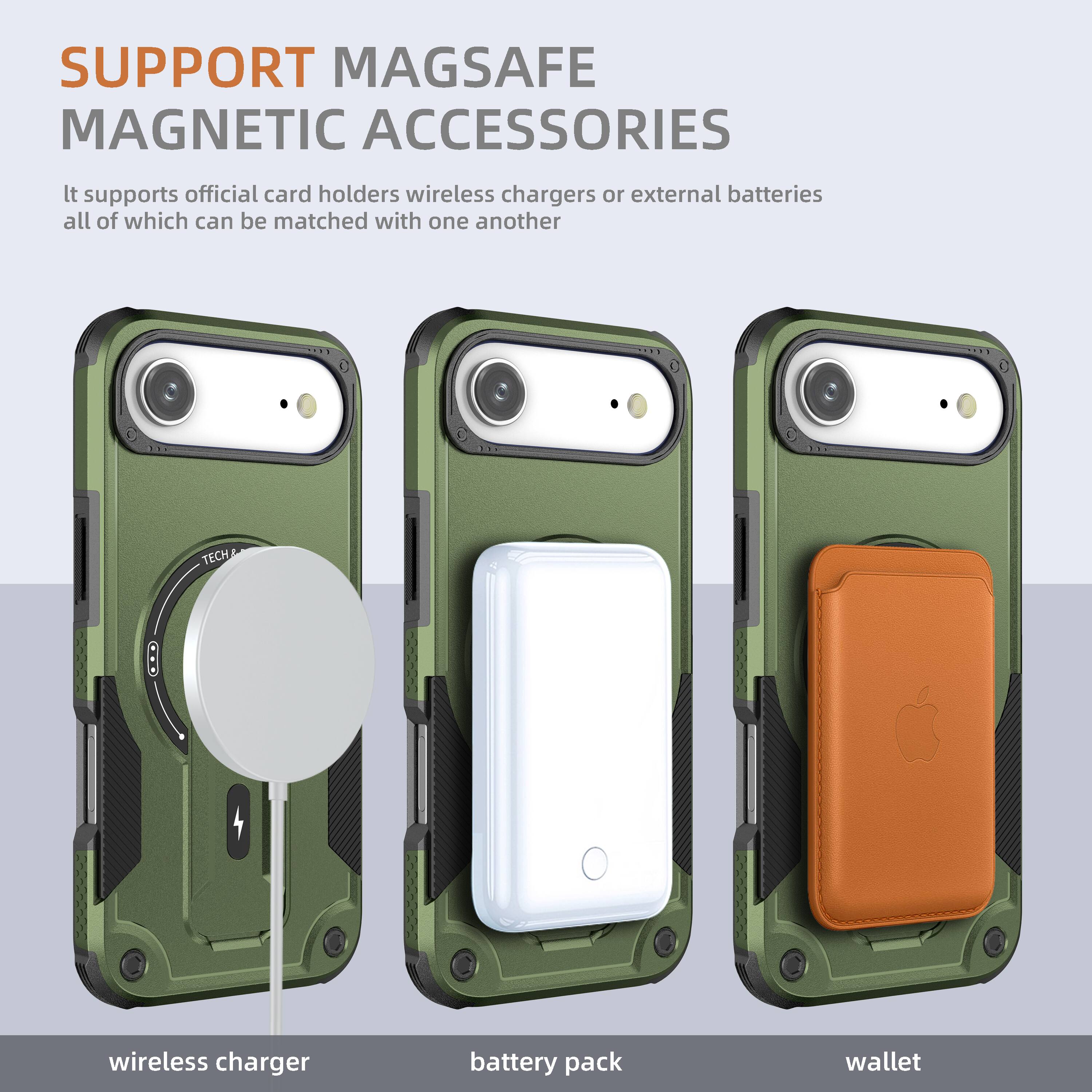 SUPPORT MAGSAFE MAGNETIC ACCESSORIES

It supports official card holders, wireless chargers, or external batteries, all of which can be matched with one another.

wireless charger  
battery pack  
wallet