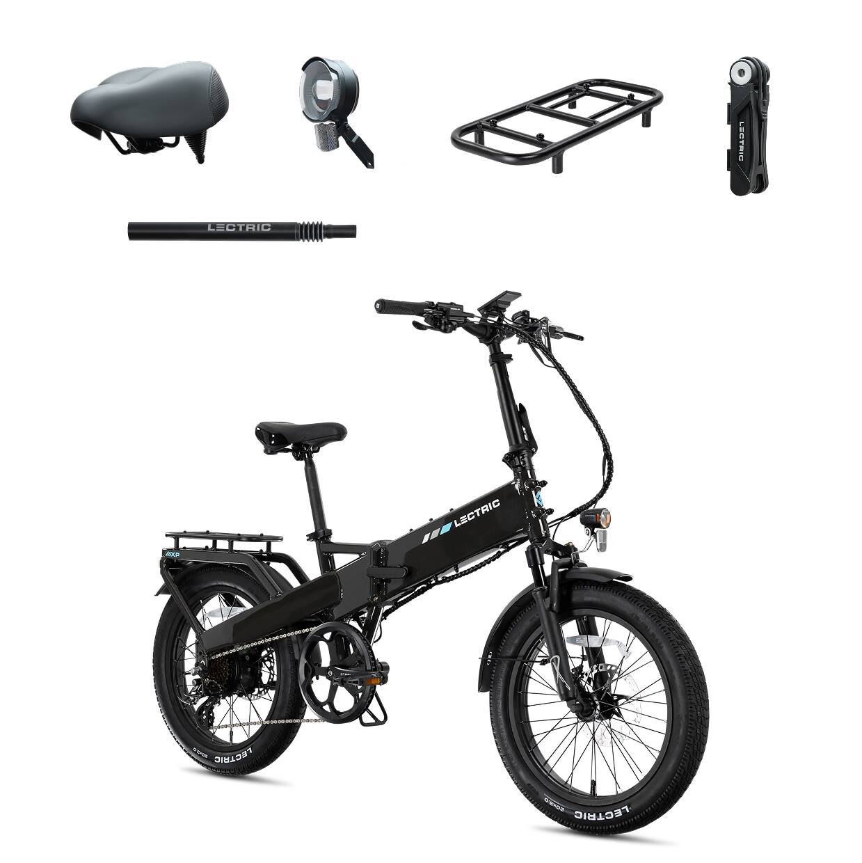 Lectric eBikes - XP4 750 Step-Over Foldable Long-Range eBike (Max 85mi/28mph) + LevelUp Rack/Comfort Seat/Seat Post/Elite Headlight/Lock - Tempest Grey