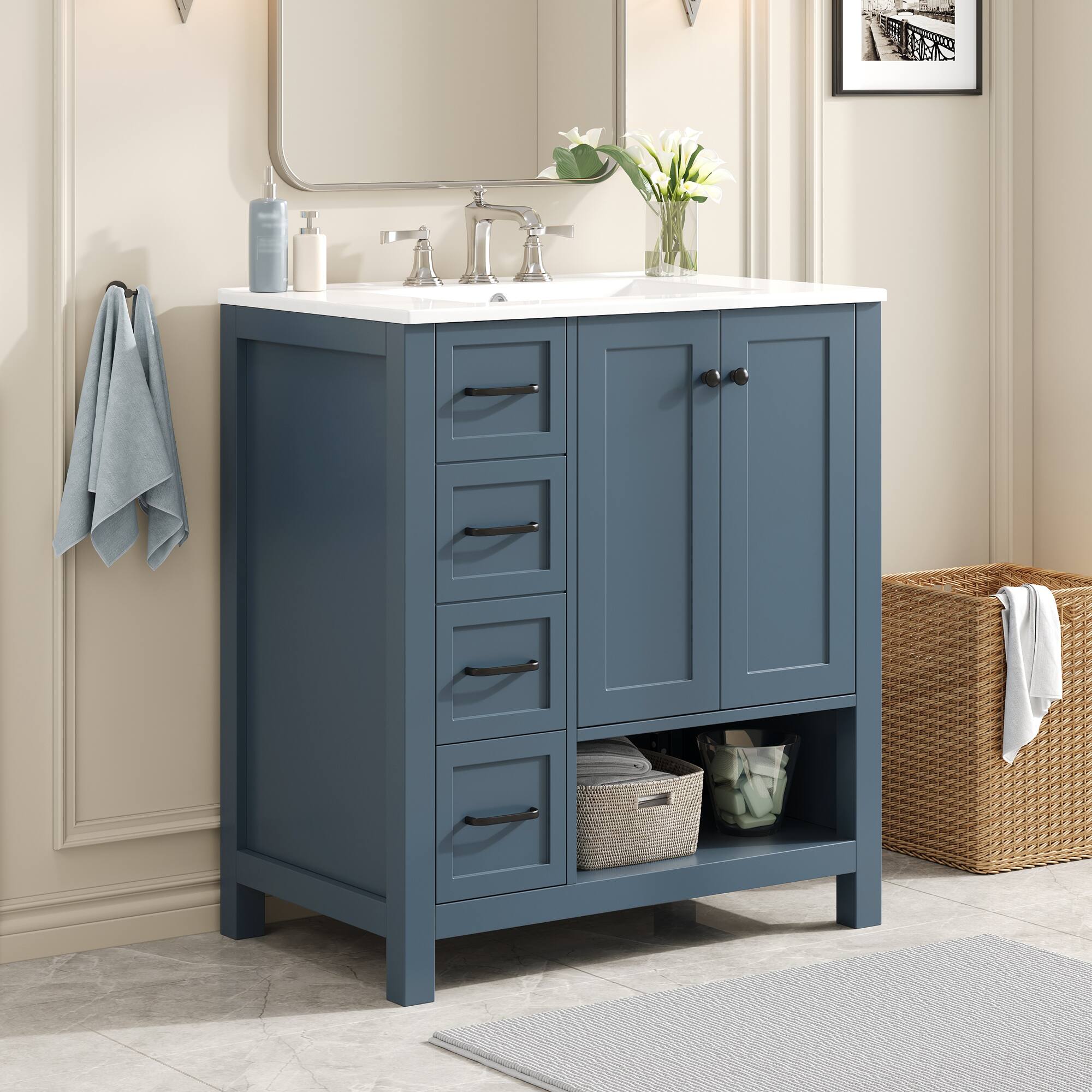 Angle. Whisen - 30" Freestanding Bathroom Vanity with Sink, Two Doors and Open Shelf for Home - Blue.