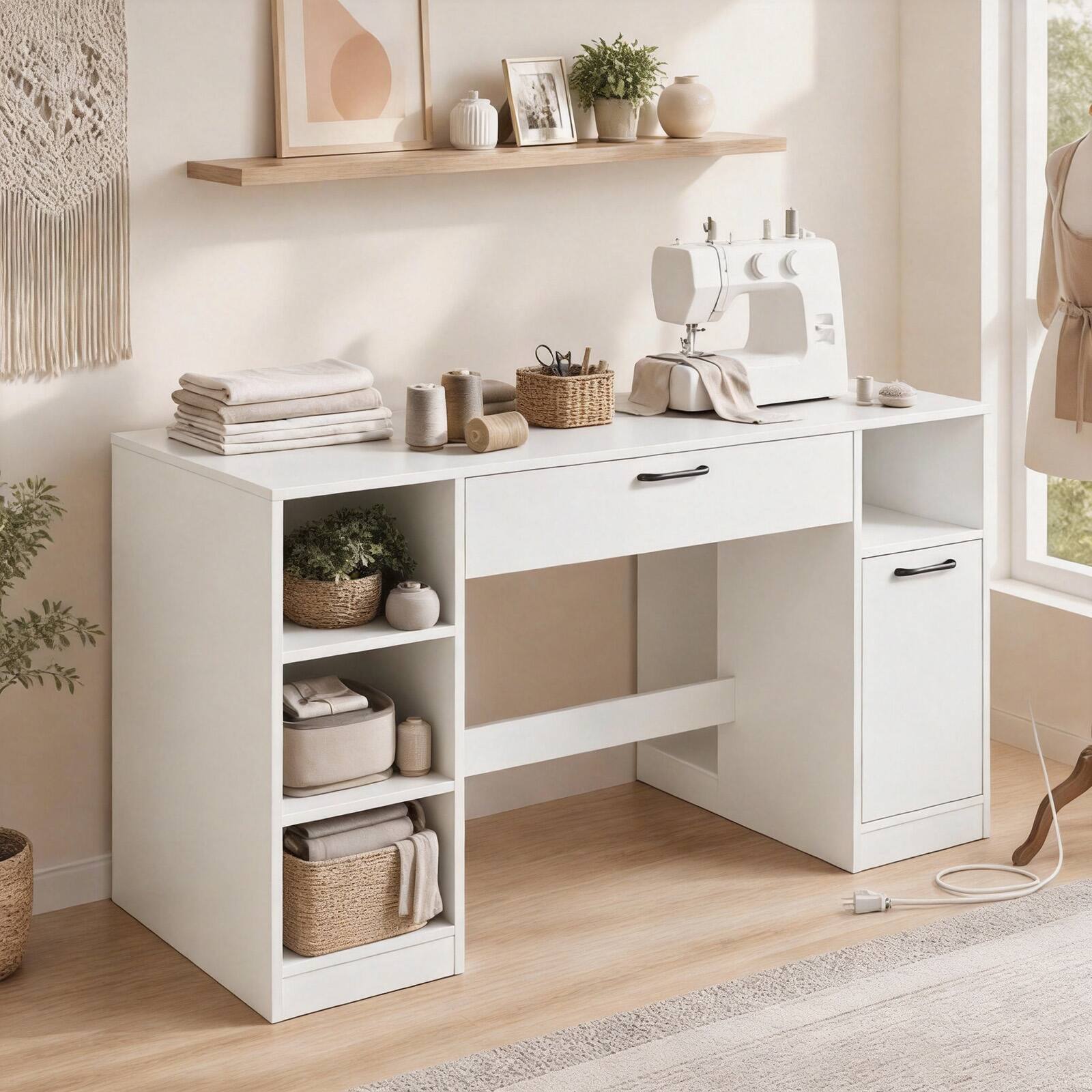 Alt View 2. Costway - Costway 53" Sewing Table with Power Outlets 2 Drawers Open Compartments 5 Removable Shelves - White.