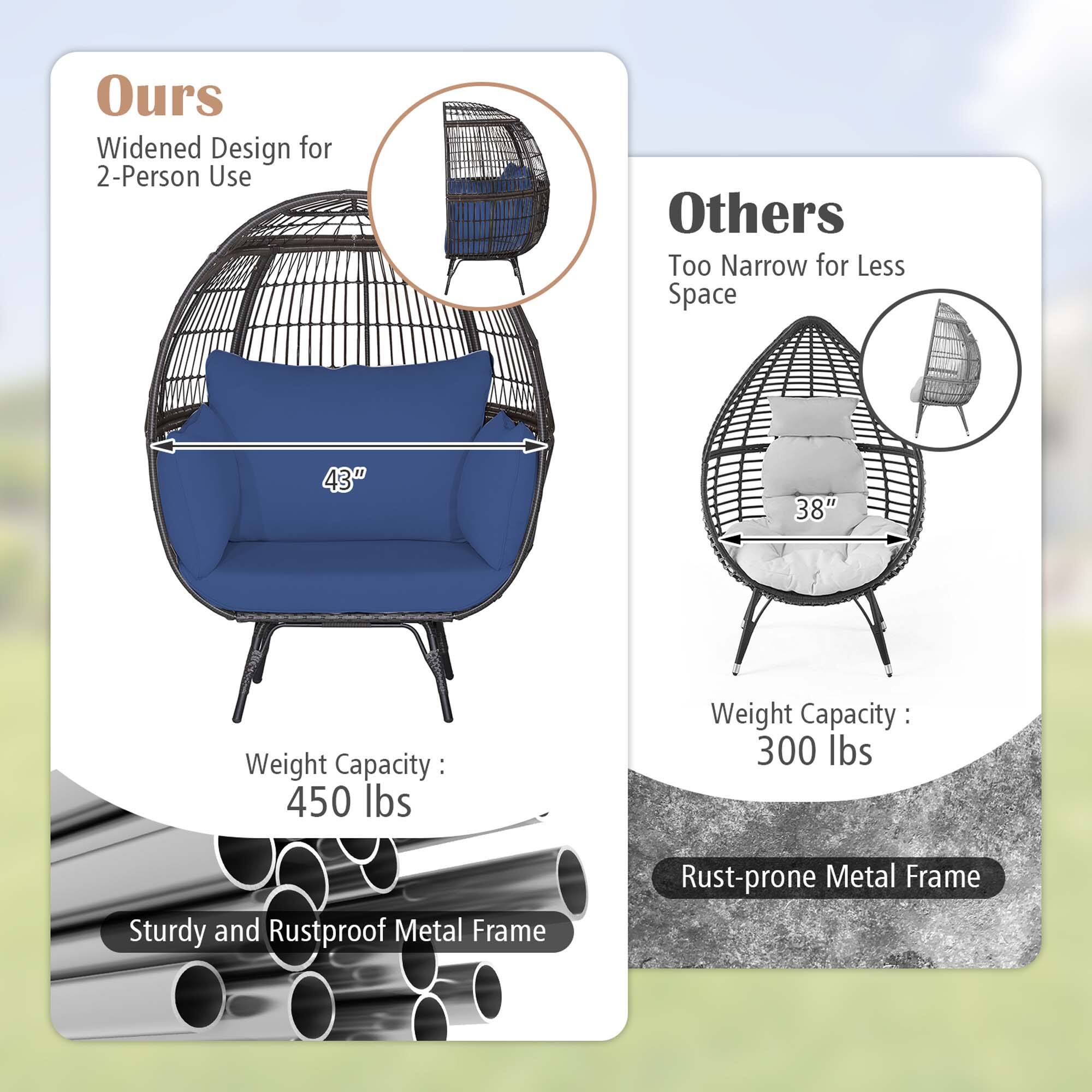 **Ours**

- Widened Design for 2-Person Use
- 43" Diameter
- Weight Capacity: 450 lbs
- Sturdy and Rustproof Metal Frame

**Others**

- Too Narrow for Less Space
- 38" Diameter
- Weight Capacity: 300 lbs
- Rust-prone Metal Frame