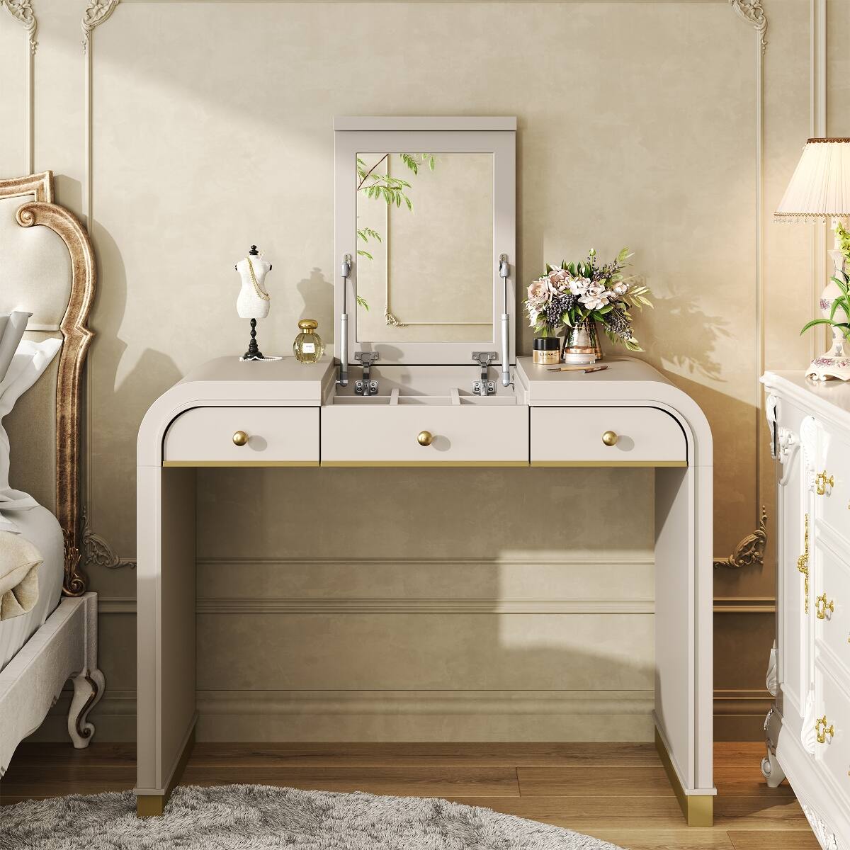 Alt View 1. Loheer - Loheer Vanity Desk with Flip-Up Mirror 3-in-1 Champagne Finish with Two Drawers - Champagne.