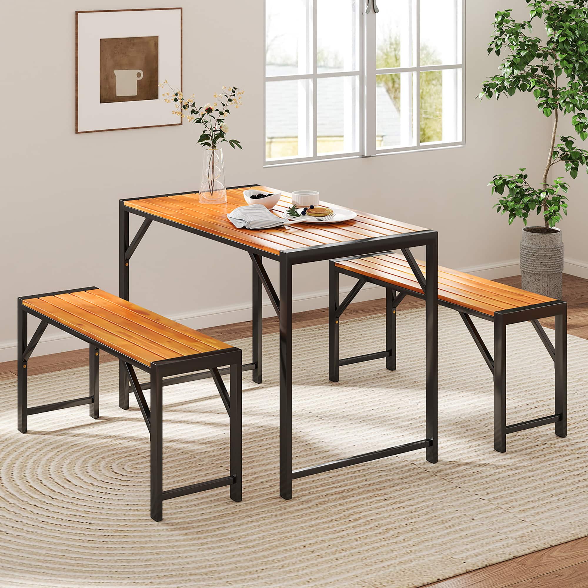 Gymax - 3 PCS Dining Set for 4 People Outdoor Picnic Table & 2 Benches w/ Metal Frame - Natural, Black