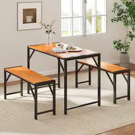 Gymax - 3 PCS Dining Set for 4 People Outdoor Picnic Table & 2 Benches w/ Metal Frame - Natural, Black