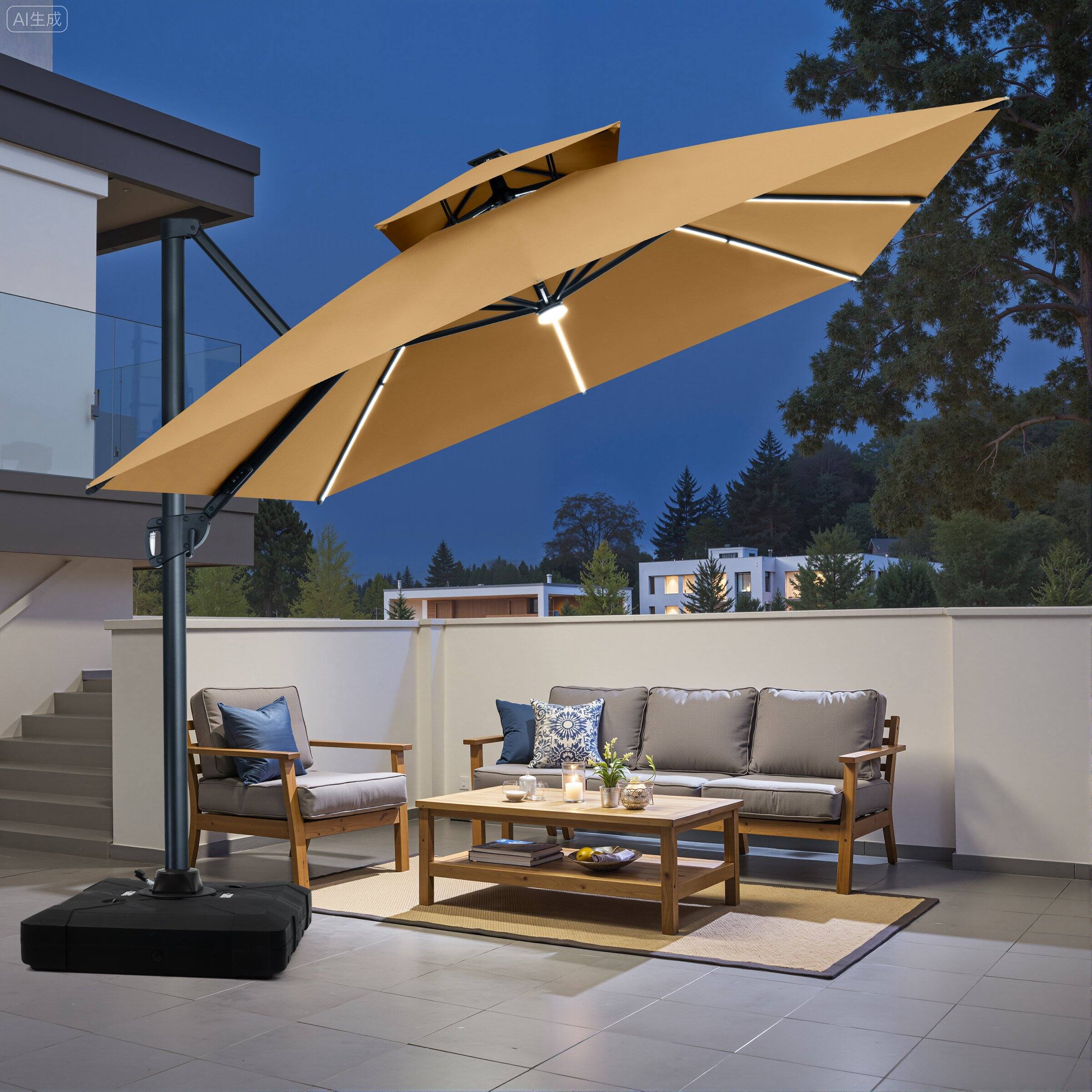 Angle. Crestlive Products - Crestlive Products 13' Patio Offset Cantilever Umbrella 2-Tier Top With Solar-Lighted Strips 350lbs Wheel Base - tan.