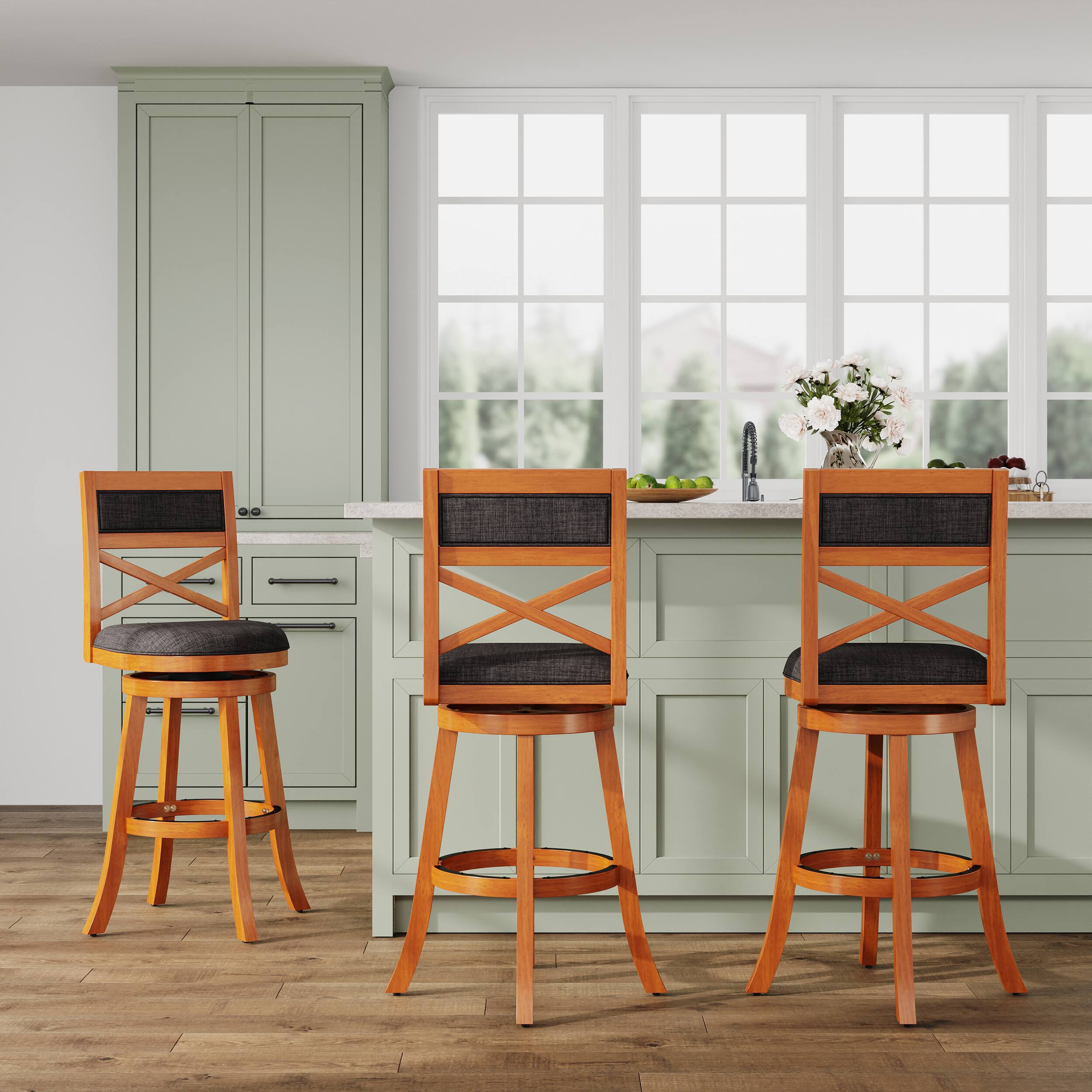 Alt View 5. APRILSOUL - 30 Bar Height XBack Swivel Stool Natural Finish Charcoal Fabric Seat - White.