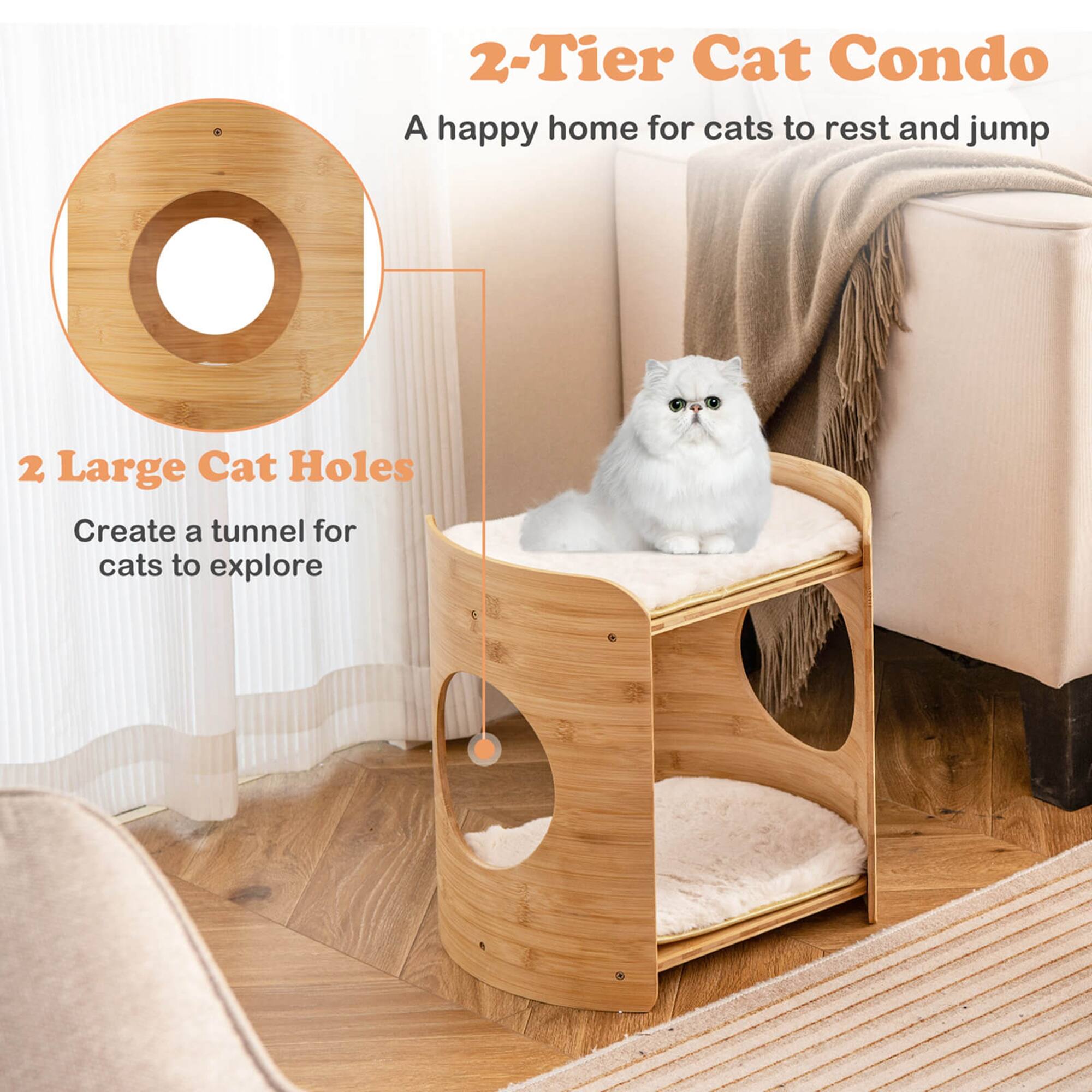 2-Tier Cat Condo  
A happy home for cats to rest and jump  

2 Large Cat Holes  
Create a tunnel for cats to explore
