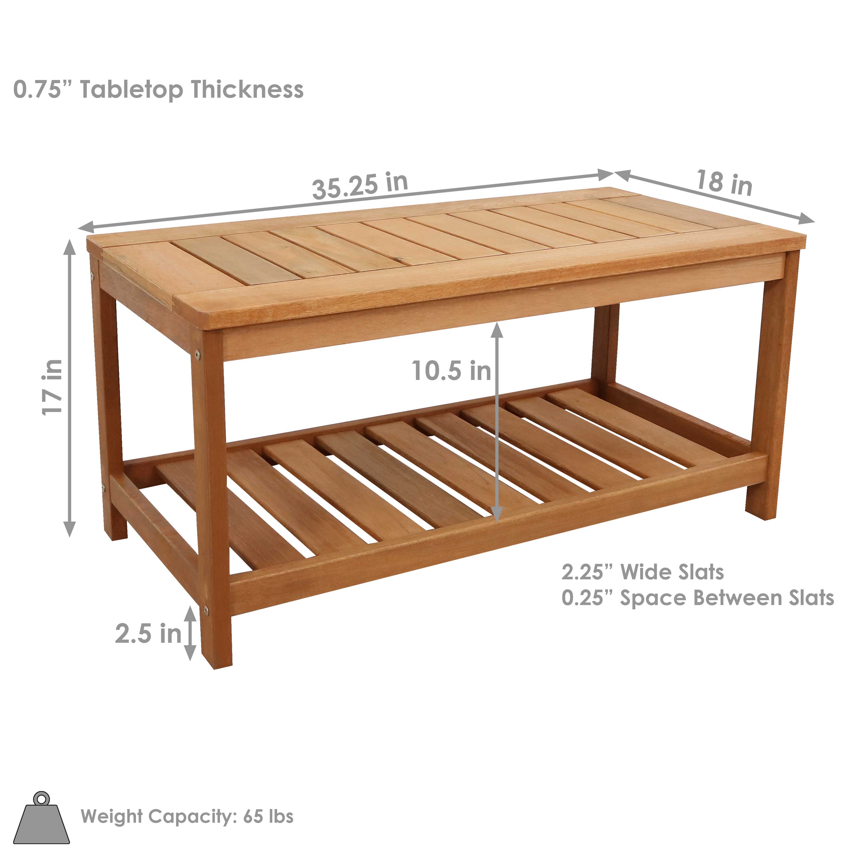 0.75" Tabletop Thickness  
35.25 in x 18 in  
17 in x 10.5 in  
2.5 in  
2.25" Wide Slats  
0.25" Space Between Slats  
Weight Capacity: 65 lbs