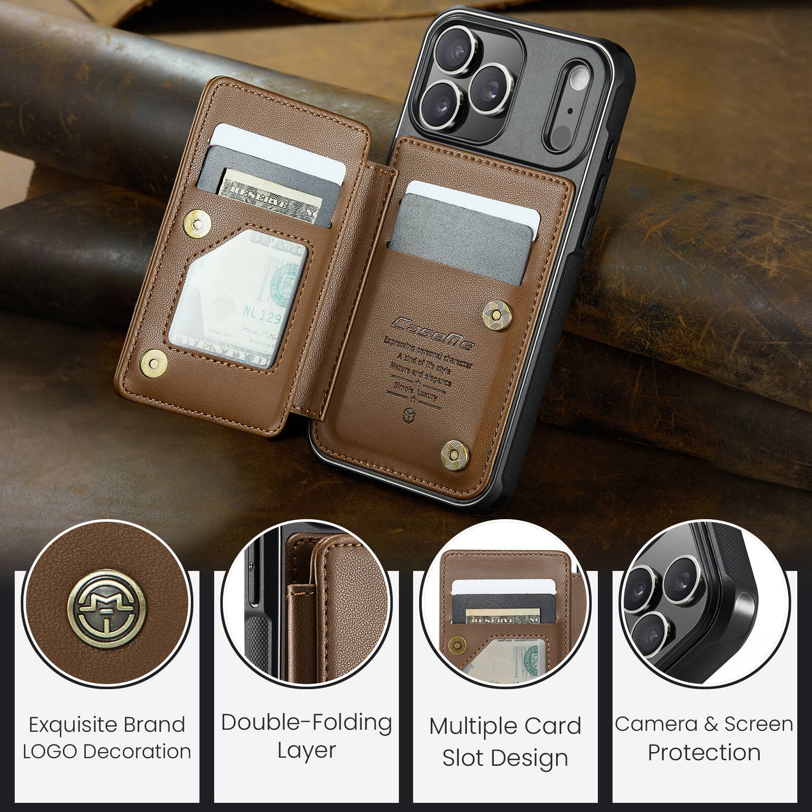 Exquisite Brand Double-Folding Multiple Card Camera & Screen LOGO Decoration Layer Slot Protection Design