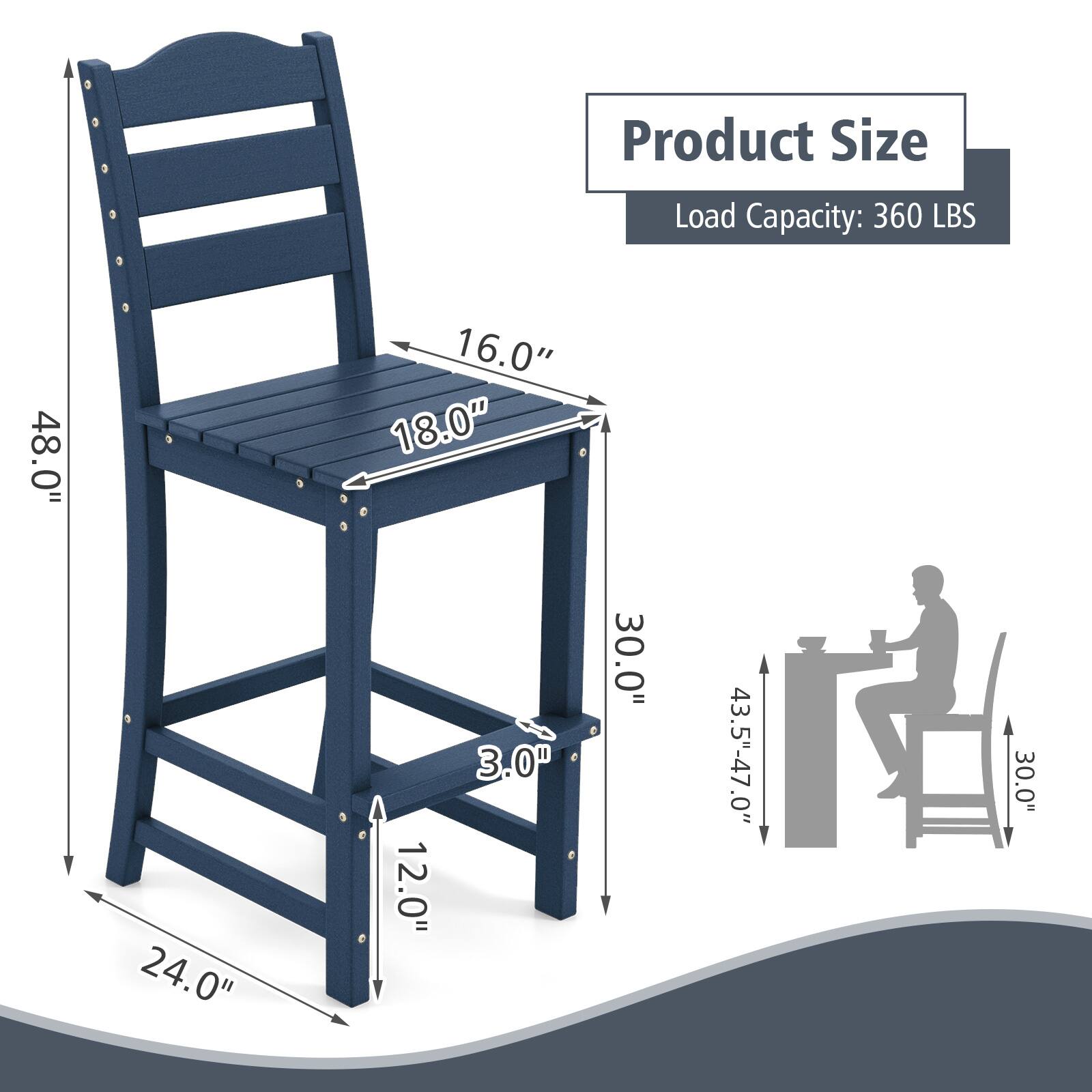 Product Size: 48.0" 16.0" 18.0" 24.0" 12.0" 3.0" 30.0" 43.5"-47.0"

Load Capacity: 360 LBS