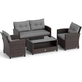 Costway - 4 PCS Patio Rattan Furniture Set Glass Table Shelf Sofa Cushion - Gray