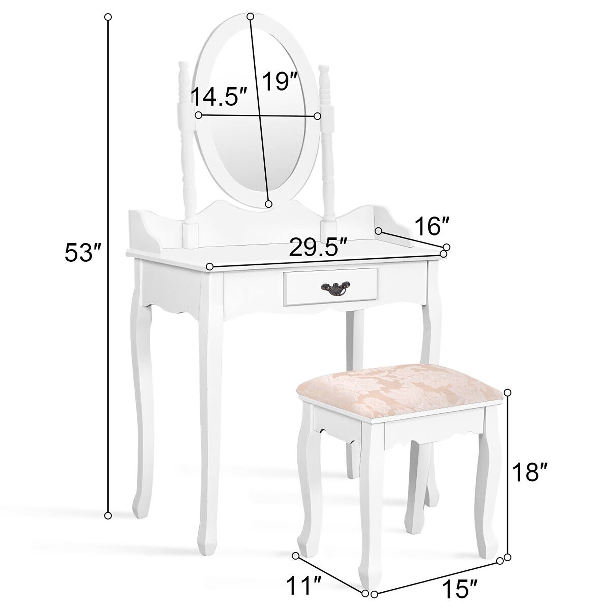 - Height: 53"
- Width: 29.5"
- Depth: 16"
- Mirror: 19" x 14.5"
- Desk: 11" x 15"
- Seat: 18" x 11"