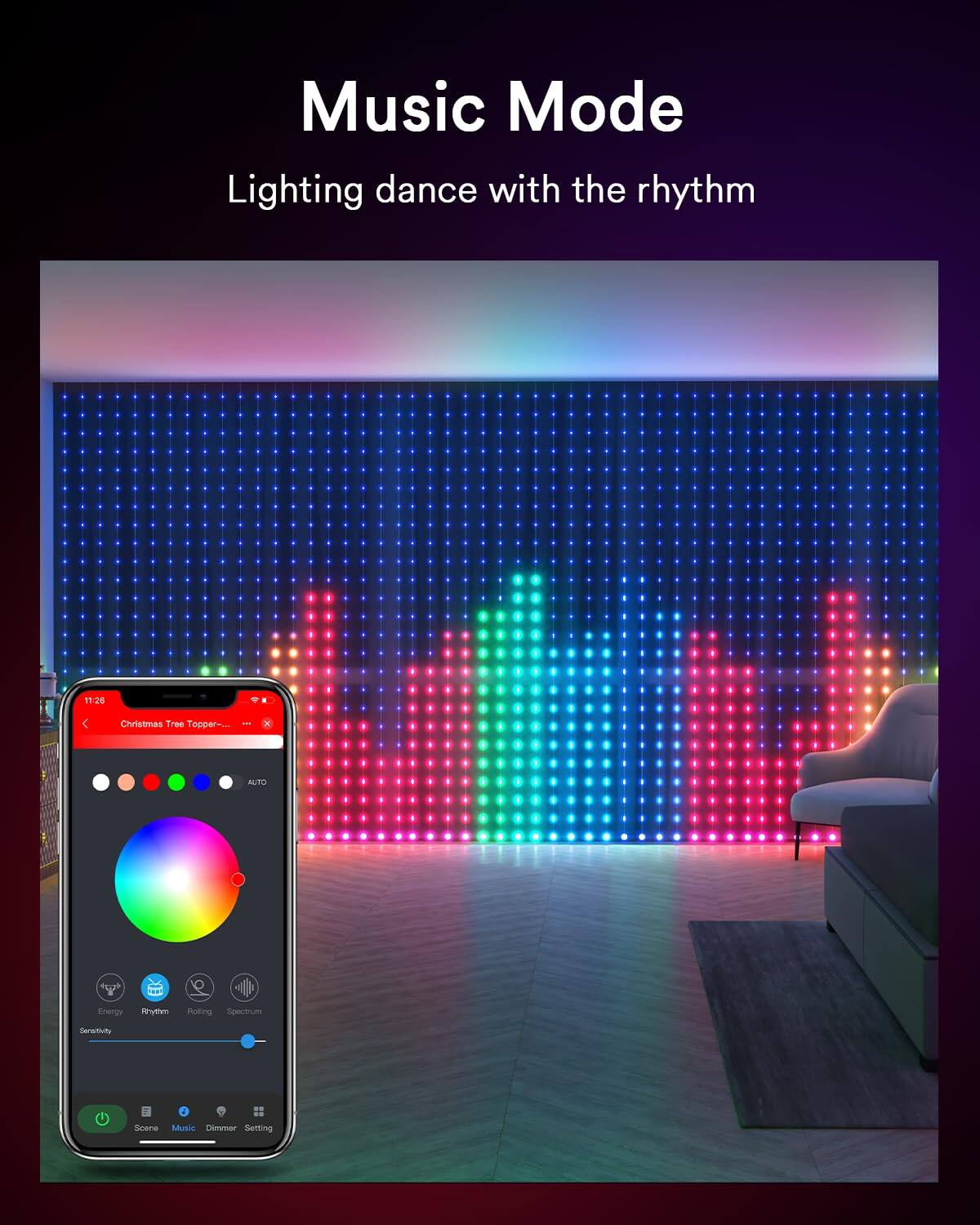 Music Mode  
Lighting dance with the rhythm  

11:20 Christmas Tree Topper... | x - ALTO  

Energy Rhythm Rolling Spectrum Sensitivity Scene Music Dimmer Setting