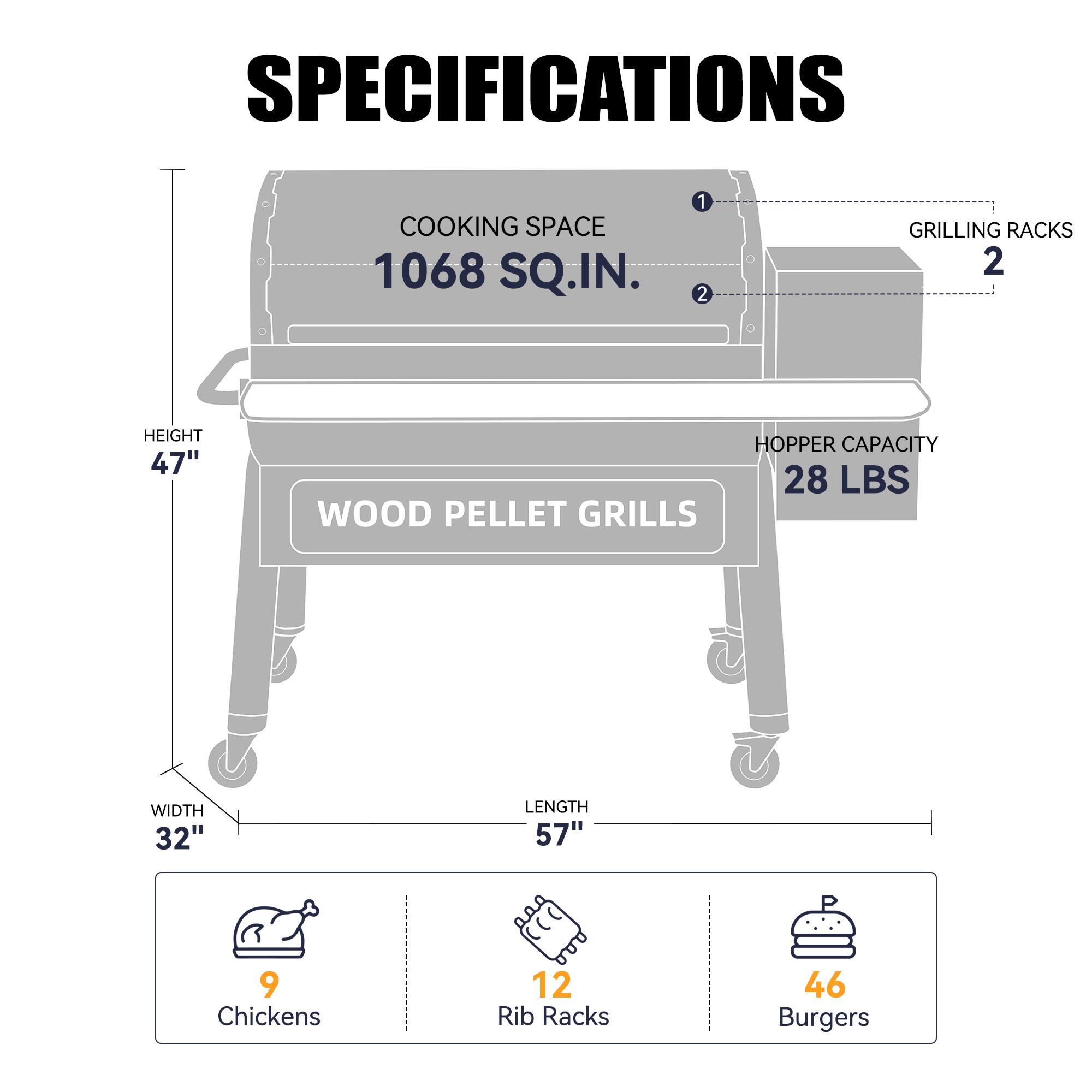 Specifications:

* Cooking Space: 1068 sq. in.
* Grilling Racks: 2
* Height: 47"
* Hopper Capacity: 28 lbs
* Wood Pellelet Grills:
	+ Width: 32"
	+ Length: 57"
* 9 Chickens
* 12 Rib Racks
* 46 Burgers