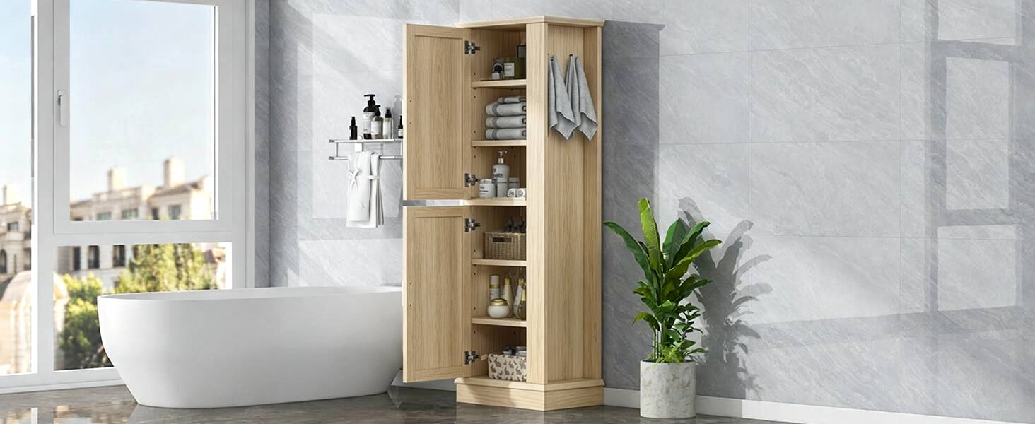 Alt View 4. Loheer - Loheer Tall Bathroom Storage Cabinet Freestanding Organizer with Adjustable Shelves and Hooks Natural MDF - Natural.