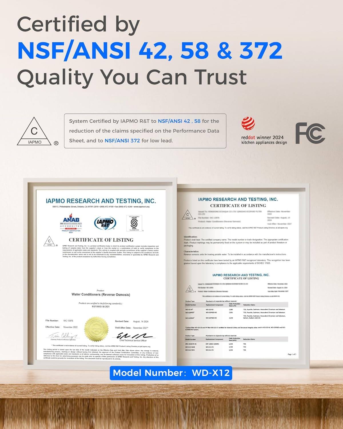 Certified by NSF/ANSI 42, 58 & 372  
Quality You Can Trust  

System Certified by IAPMO R&T to NSF/ANSI 42, 58 for the reduction of the claims specified on the Performance Data Sheet, and to NSF/ANSI 372 for low lead.  

IAPMO RESEARCH AND TESTING, INC.  
CERTIFICATE OF LISTING  
ANAB IAPMO RAT C CERTIFICATE OF LISTING  

Model Number: WD-X12  

reddot winner 2024 kitchen appliances design  

FC