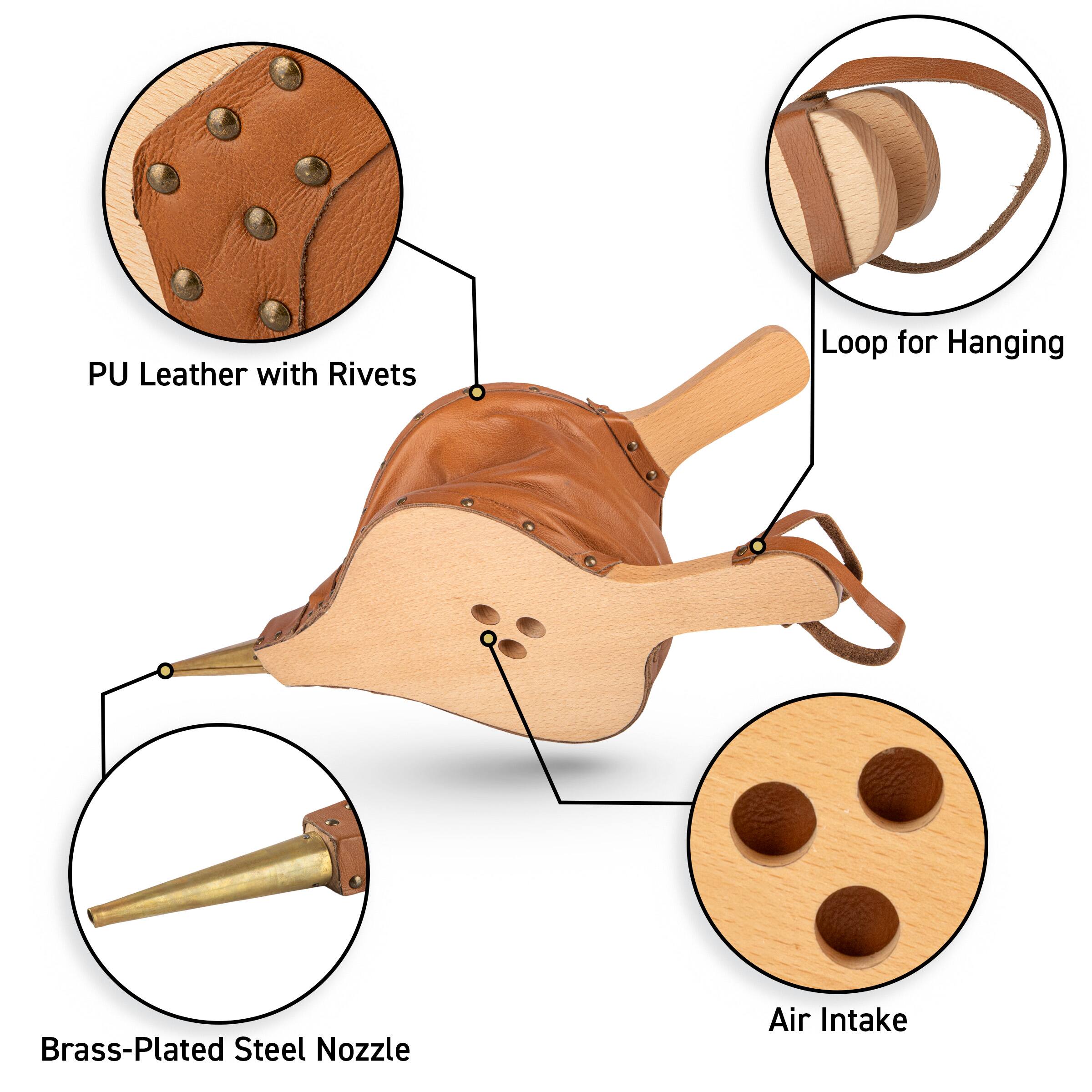 PU Leather with Rivets  
Loop for Hanging  
Brass-Plated Steel Nozzle  
Air Intake