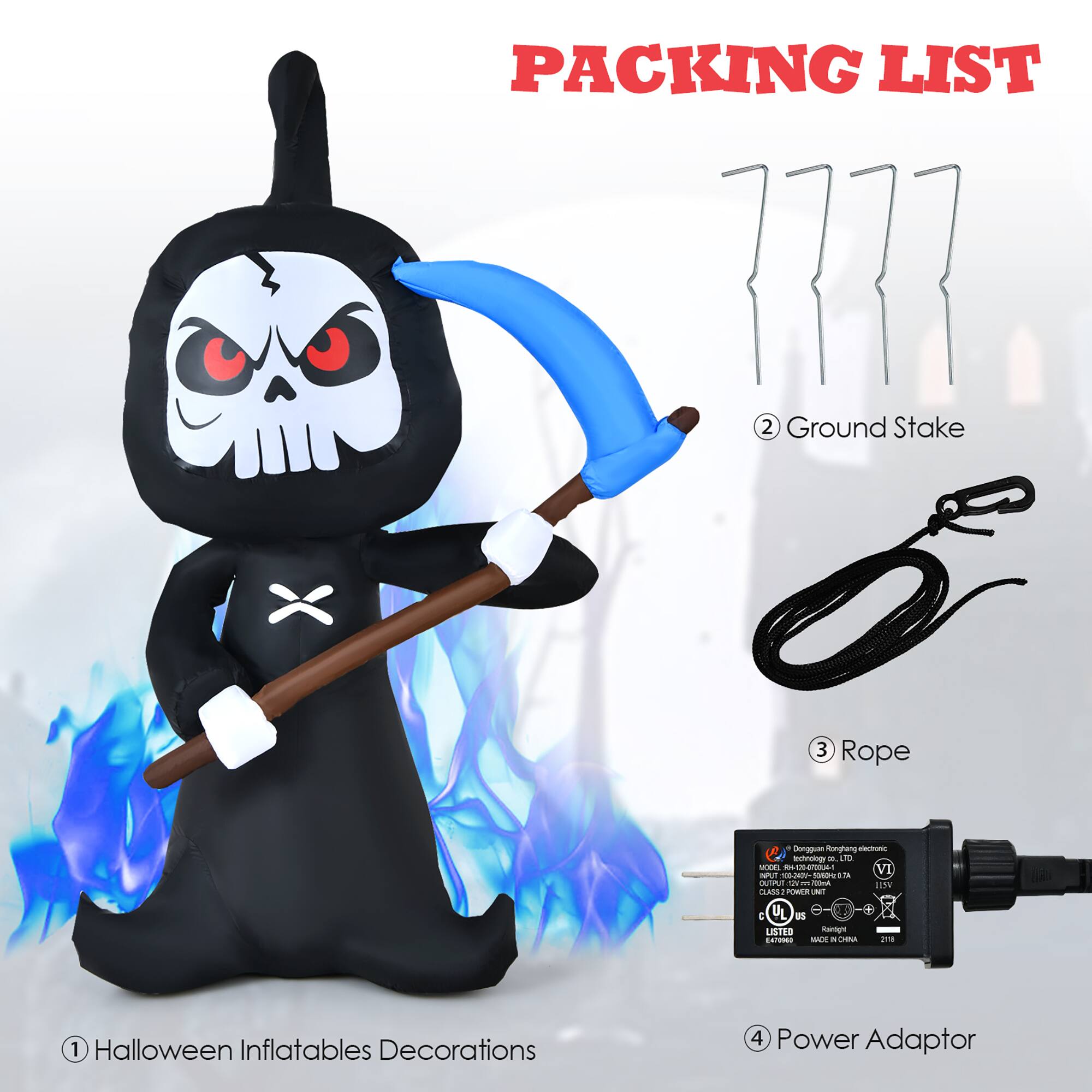 PACKING LIST

1. Halloween Inflatables Decorations
2. Ground Stake
3. Rope
4. Power Adapter
