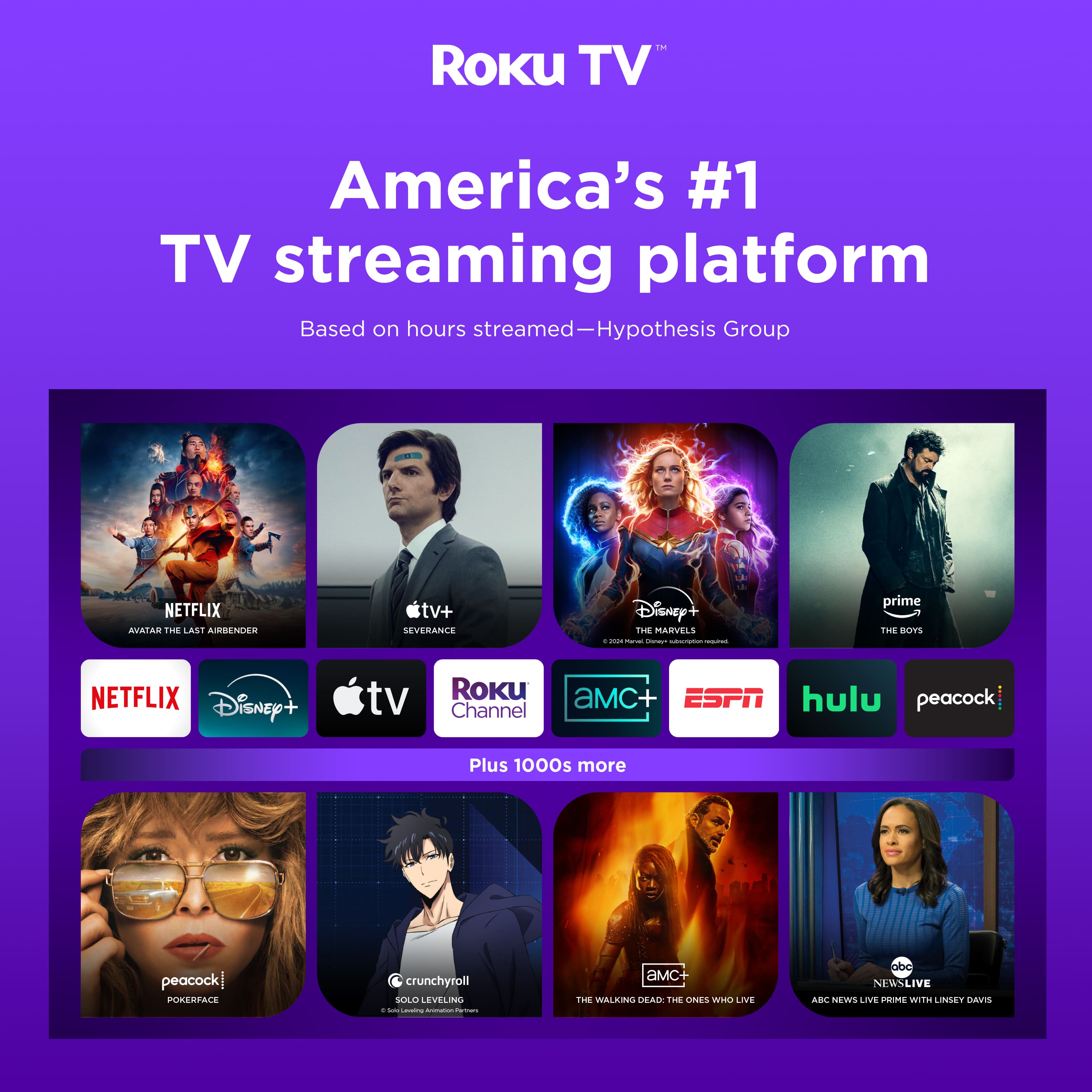 Roku TV™
America's #1 TV streaming platform
Based on hours streamed—Hypothesis Group
NETFLIX
AVATAR THE LAST AIRBENDER
tv+
SEVERANCE
Disney+
THE MARVELS
prime
THE BOYS
NETFLIX
Disney+
tv
Roku Channel
aMC
ESPN
hulu
peacock
Plus 1000s more
peacock
POKERFACE
crunchyroll
SOLO LEVELING
aMC+
THE WALKING DEAD: THE ONES WHO LIVE
abc NEWS LIVE
ABC NEWS LIVE PRIME WITH LINDSEY DAVIS