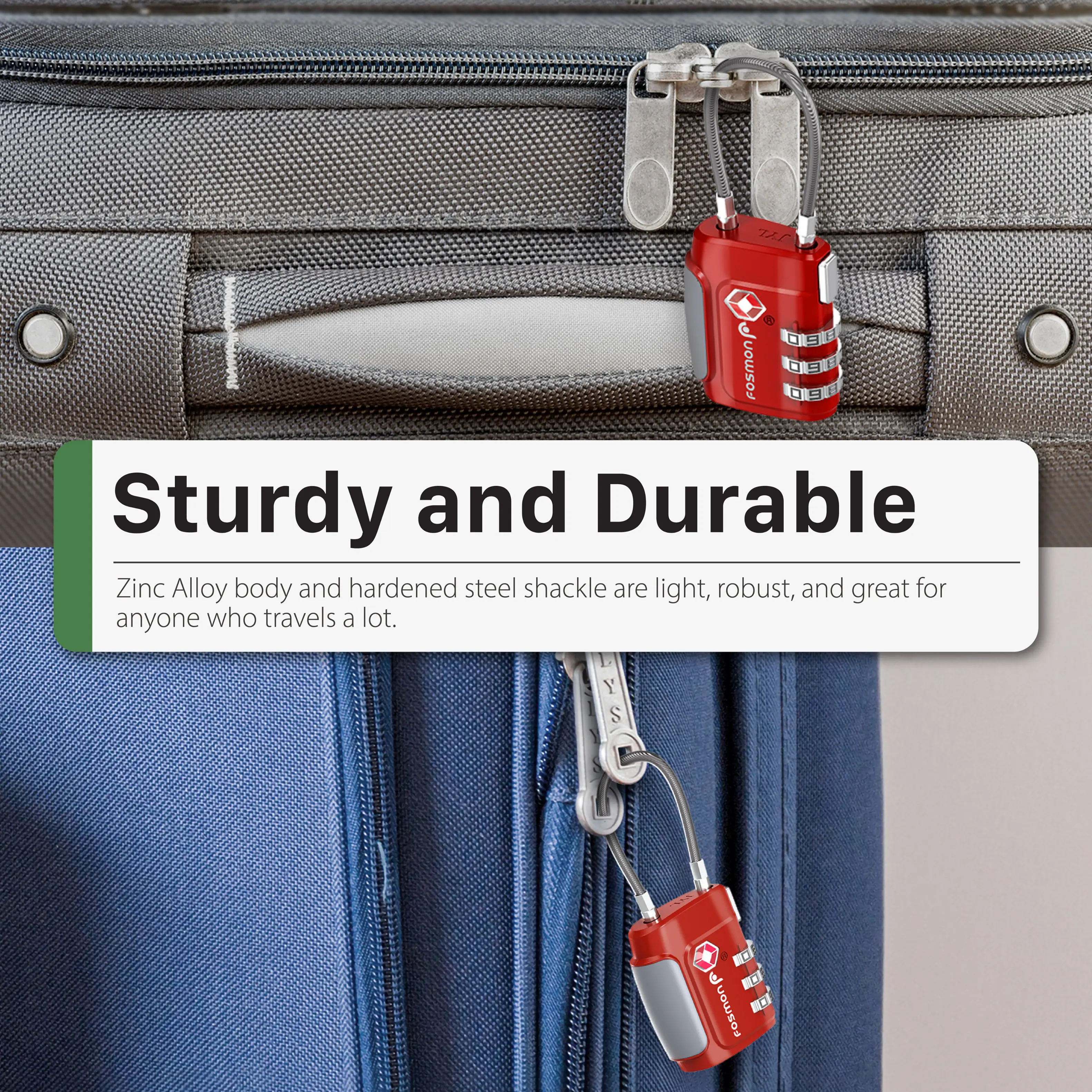 JYL 38 W Fosmon 0 0et Sturdy and Durable Zinc Alloy body and hardened steel shackle are light, robust, and great for anyone who travels a lot.