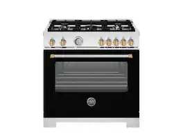 Bertazzoni - 36" Master Series 5.9 Cu. Ft. 5-Burner Freestanding All-Gas Range with Manual Cleaning - Nero Matte / Brushed Gold - Nero Matt/Gold