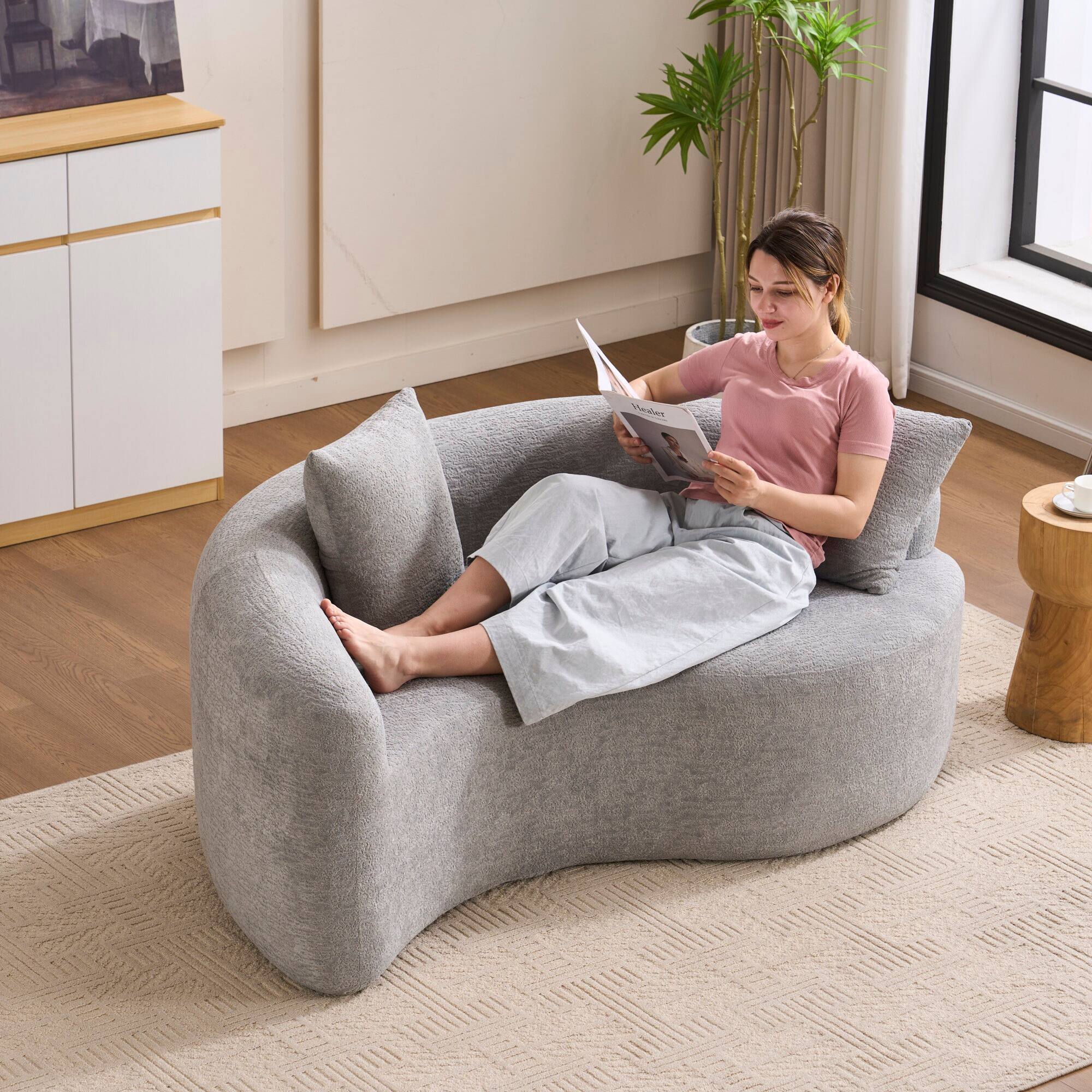 Alt View 4. GOODSILO - S-Curved Sectional Sofa with Dual-Depth Seating, Luxurious Chenille Upholstery, and Space-Saving Design - Light Gray.