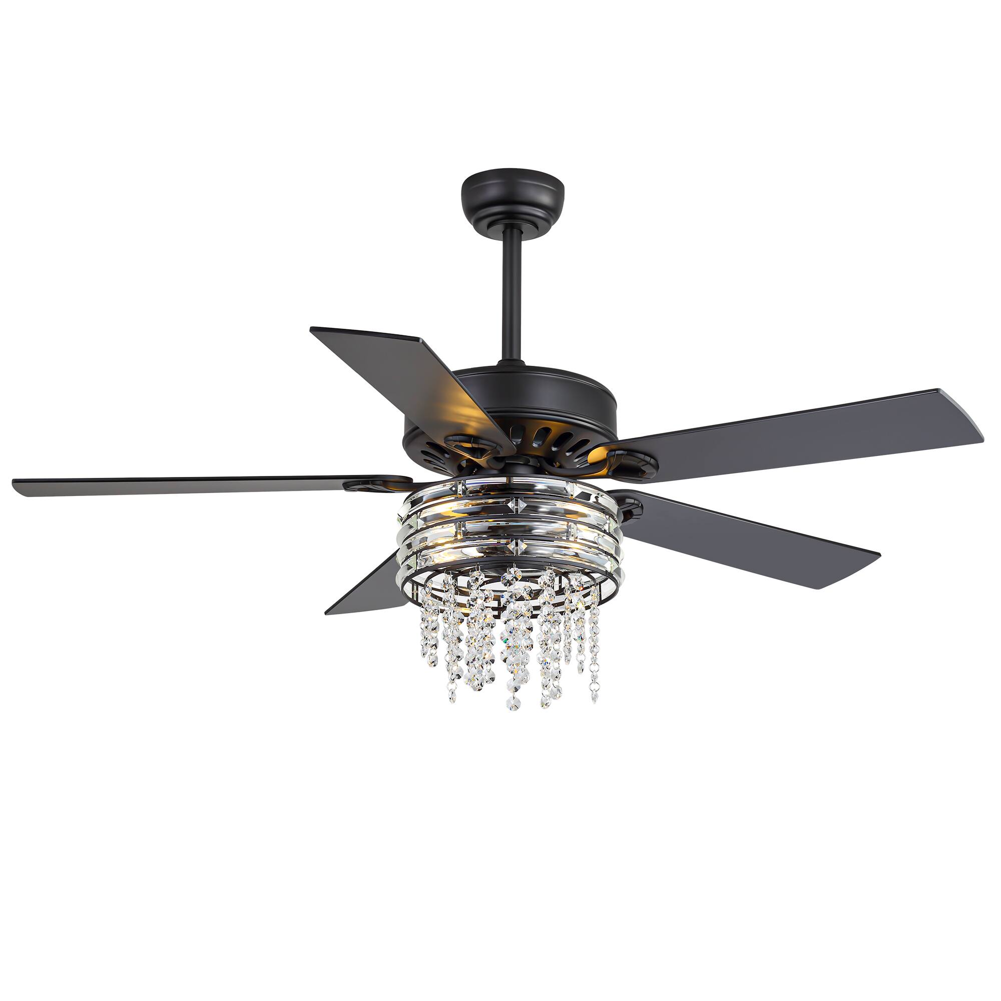 Left. Breezary - 52-Inch Ceiling Fan with Light, 5 Reversible Plywood Blades, Crystal Cage Fixture, DC Motor, Remote, 2 Downrods - Grey.