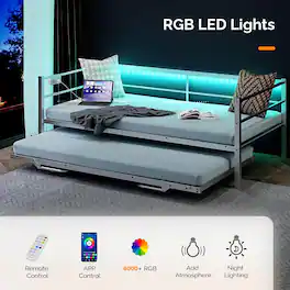 Winado - Twin Size Metal Daybed with Pop Up Trundle Twin Day Bed Sofa Platform Bed with LED Lights and Charging Station - White