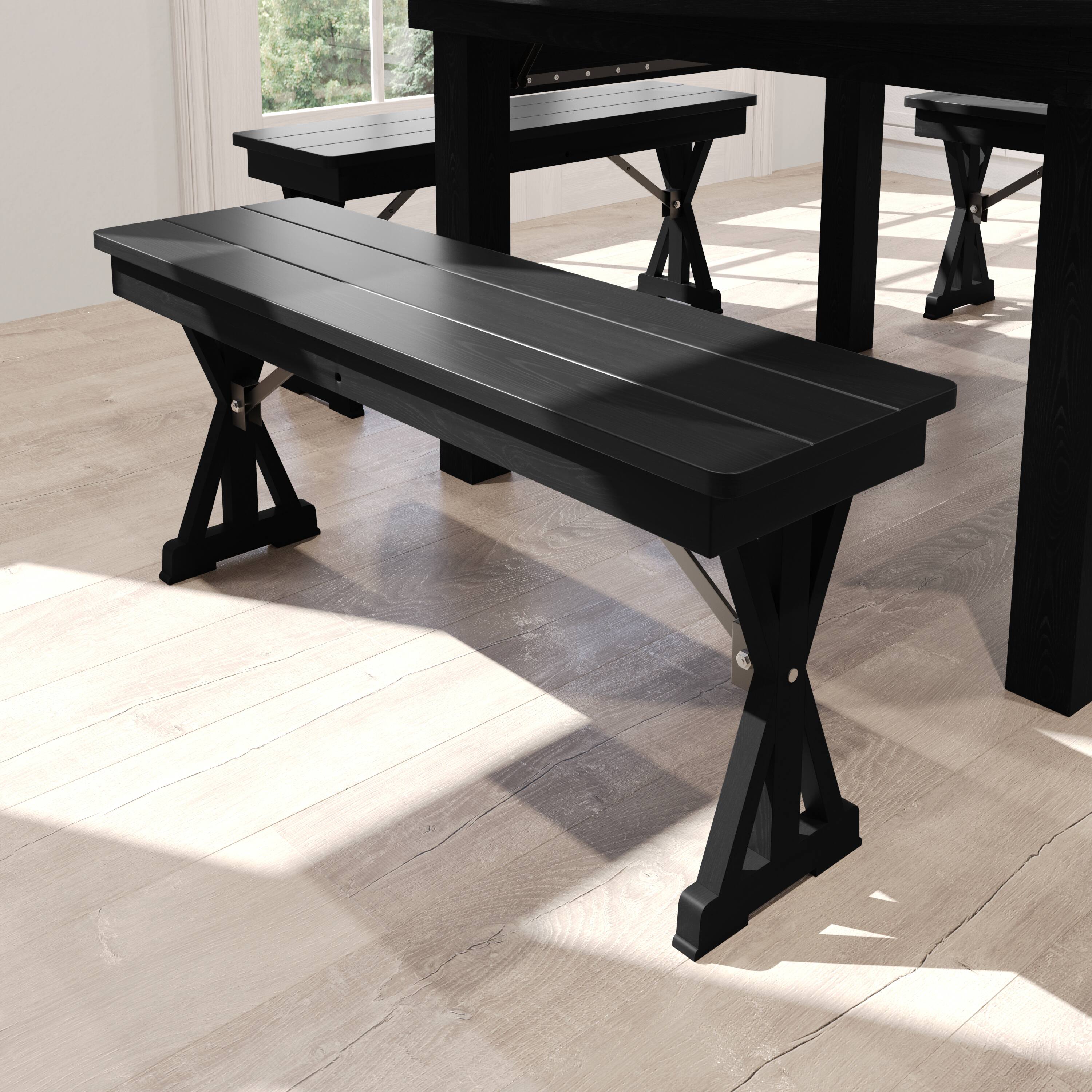 Alt View 3. Flash Furniture - HERCULES 40" x 12" Black Wash Commercial Antique Solid Pine Farmhouse Folding Bench with Foldable Locking X-Legs - Black.