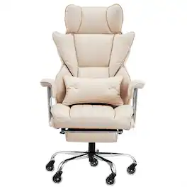 HTUTWOO - Executive Office Chair with Footrest - 400 lbs PU Leather Wide Reclining Chair, Lumbar Support, Metal Base - Beige Coffee