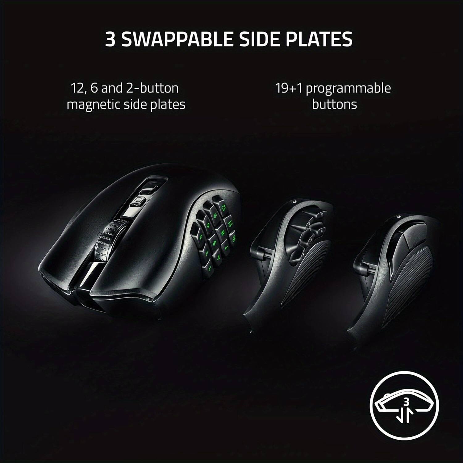 3 SWAPPABLE SIDE PLATES

12, 6 and 2-button magnetic side plates

19+1 programmable buttons