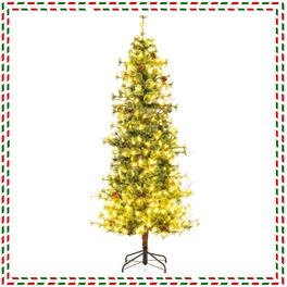 Costway - 7 FT Artificial Christmas Tree with 502 Branch Needles, 28 Pine Cones, 300 Lights - Green