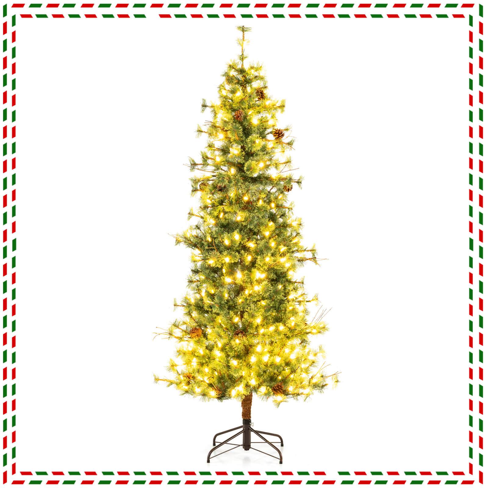 Front. Costway - Costway 7 FT Artificial Christmas Tree with 502 Branch Needles, 28 Pine Cones, 300 Lights - Green.
