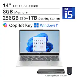 HP - 14" FHD Laptop,Intel i5-1334U,8GB DDR4,256GB SSD+1TB Dock Set,Intel Iris Xe Graphics,Copilot,Win 11 - Silver