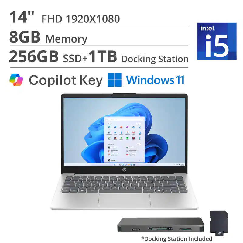 14" FHD 1920x1080  
Intel i5  
8GB Memory  
256GB SSD + 1TB  
Docking Station  
Copilot Key  
Windows 11  

*Docking Station Included