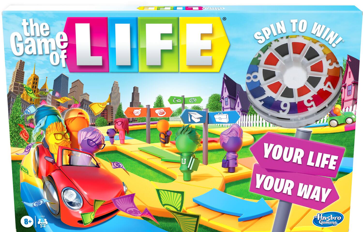 the Game of LIFE, SPIN TO WIN!, YOUR LIFE YOUR WAY, Hasbro Gaming, 8+, 2-4