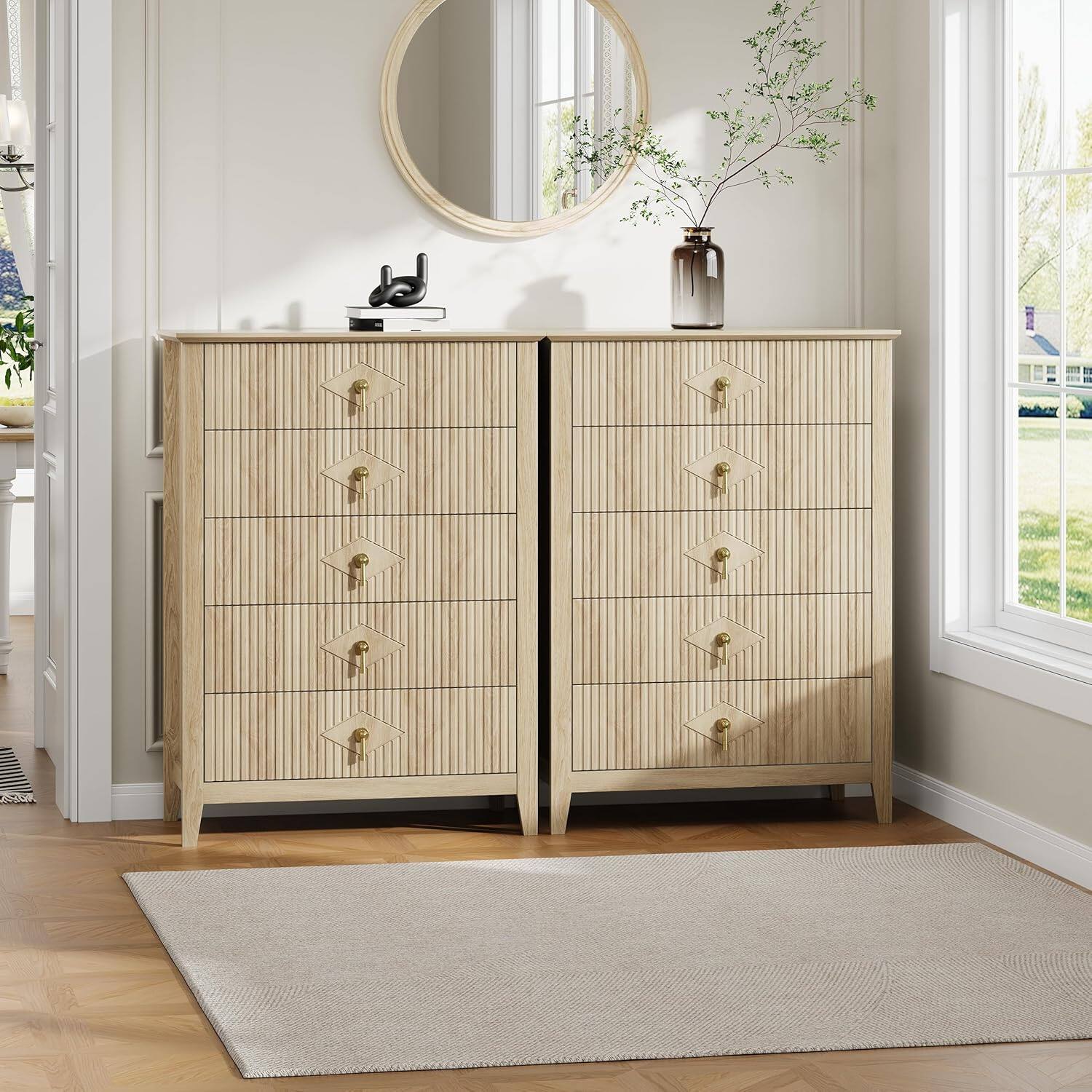 Alt View 2. GARVEE - Fluted Dresser for Bedroom 43" Tall, 5-Drawer Modern Wood Chest, Space-Saving Storage Cabinet for Living Room, Hallway - Yellow.