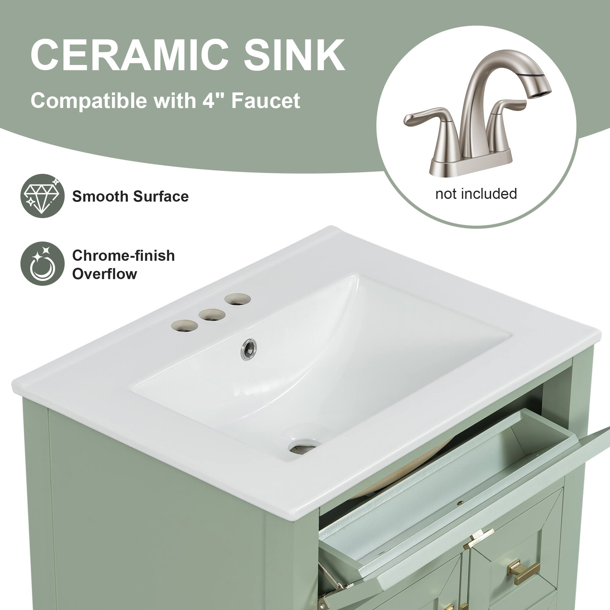 CERAMIC SINK  
Compatible with 4" Faucet  
Smooth Surface  
Chrome-finish Overflow  
not included