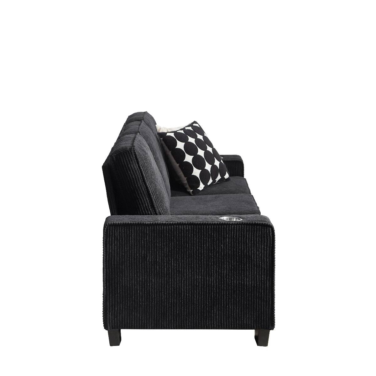 Alt View 10. Ropilly - Ropilly Modern Corduroy 3 Seater Sofa, Black Corduroy Sofa with Armrest Cup Holders, 83.86 Inch Couch - Black.