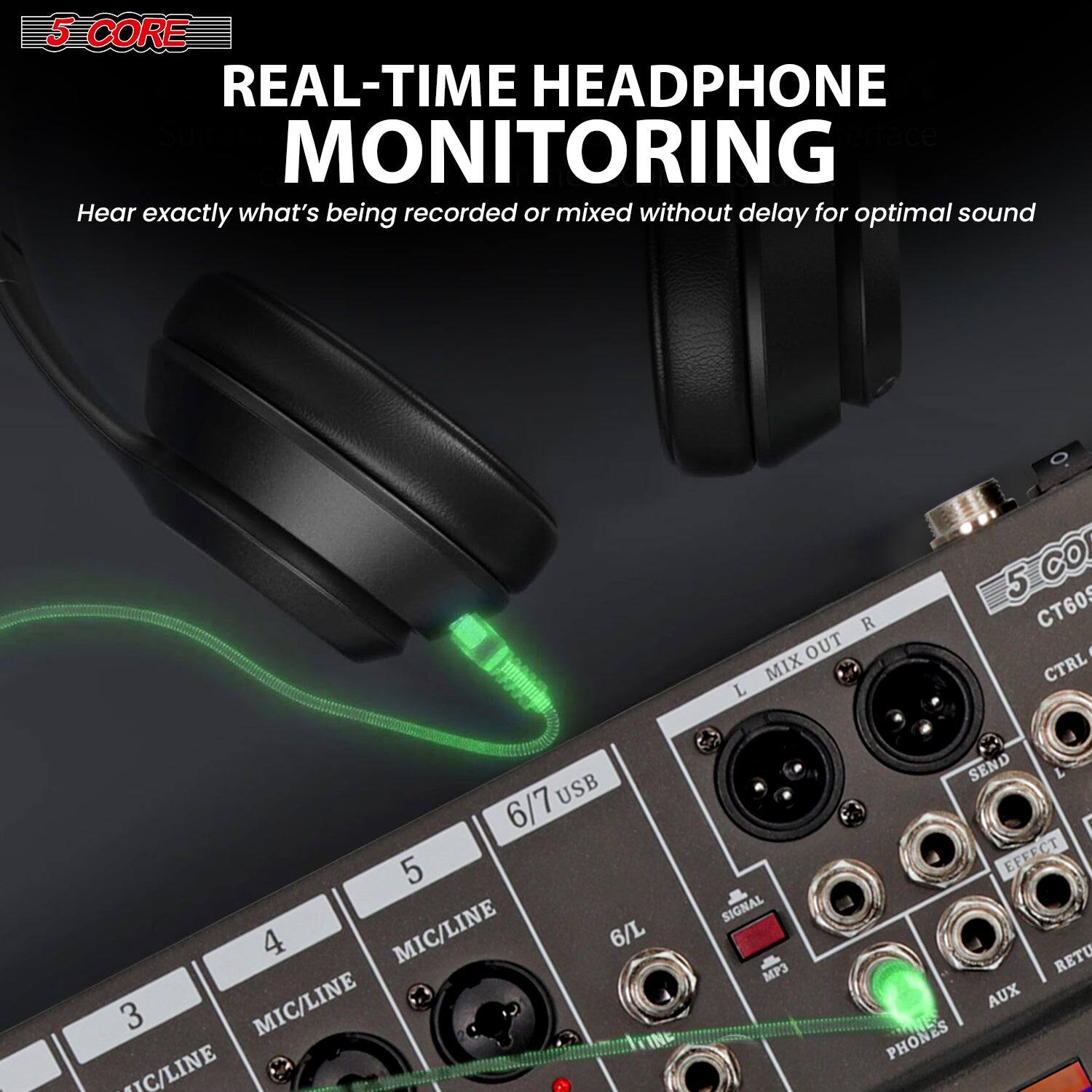 5 CORE

REAL-TIME HEADPHONE MONITORING

Hear exactly what's being recorded or mixed without delay for optimal sound

5 CORE CT605

CTRL USB 6/7 5 4 MIC/LINE 6/L 3 MIC/LINE IC/LINE SIGNAL MP3 SEND EFFECT RETU AUX PHONES

L MIX OUT R

6/7 USB

5 CORE CT605
