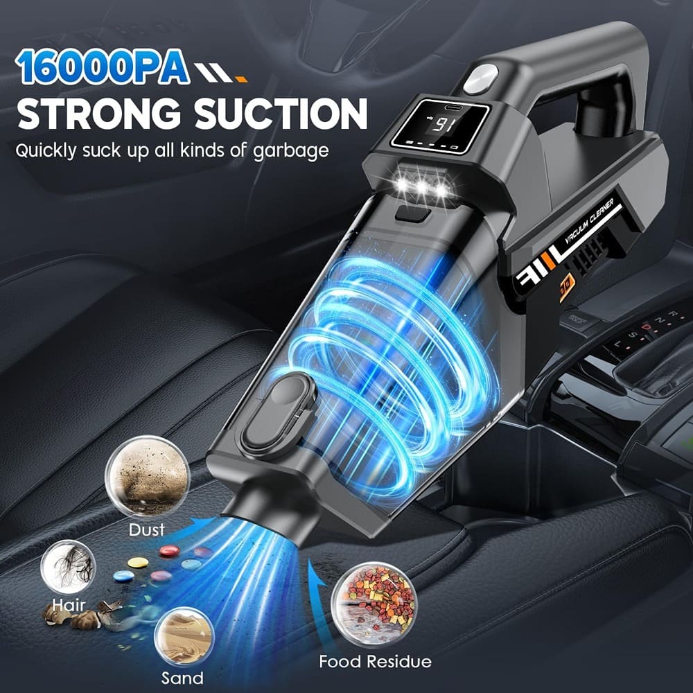 ACJPR - Handheld Cordless Vacuum, 16KPa Powerful Suction, HD Display & 3 LED Lights, Rechargeable Portable Vacuum for Car, Home,