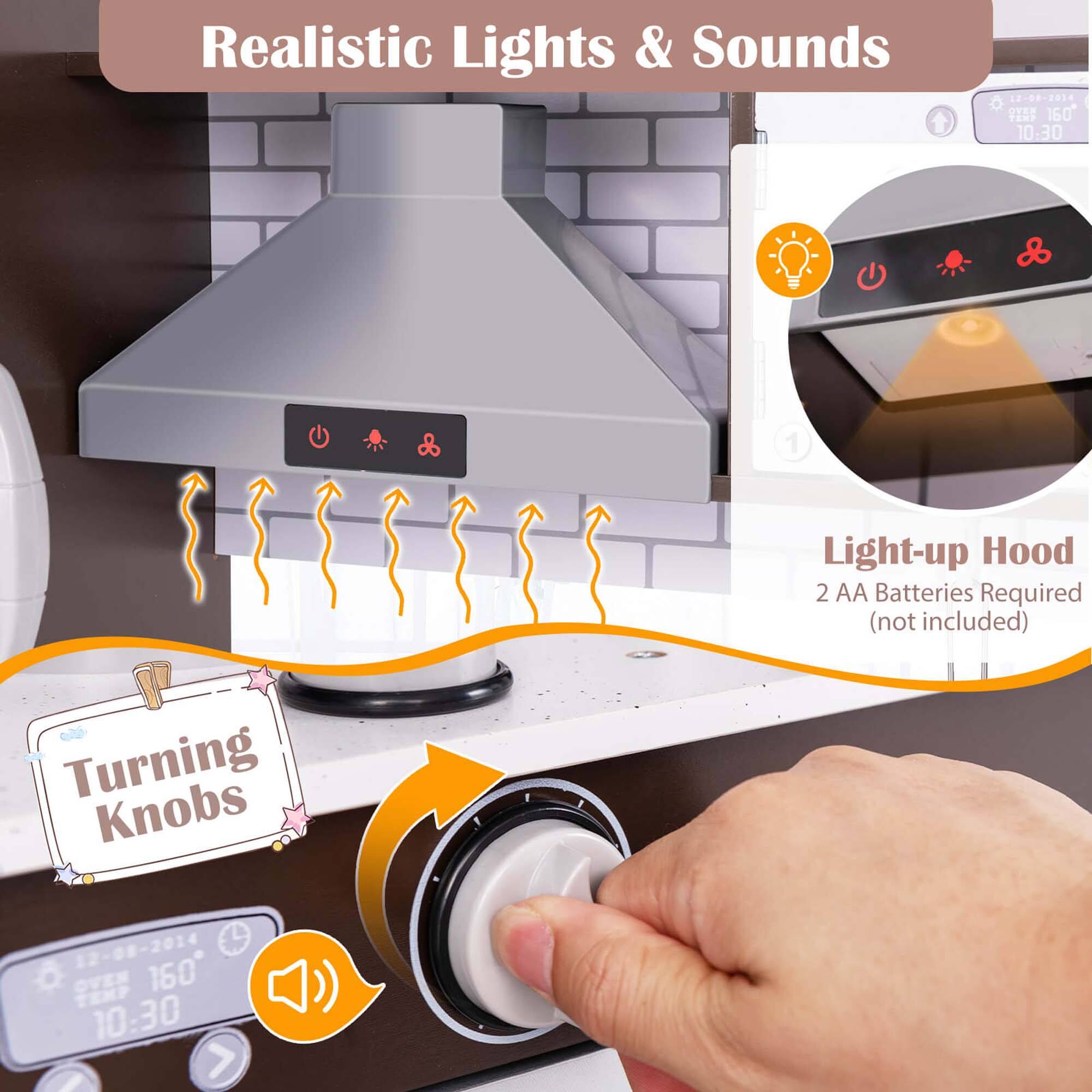 Realistic Lights & Sounds

Light-up Hood
2 AA Batteries Required (not included)

Turning Knobs

12-08-2014
OVEN 160 TEMP 10:30