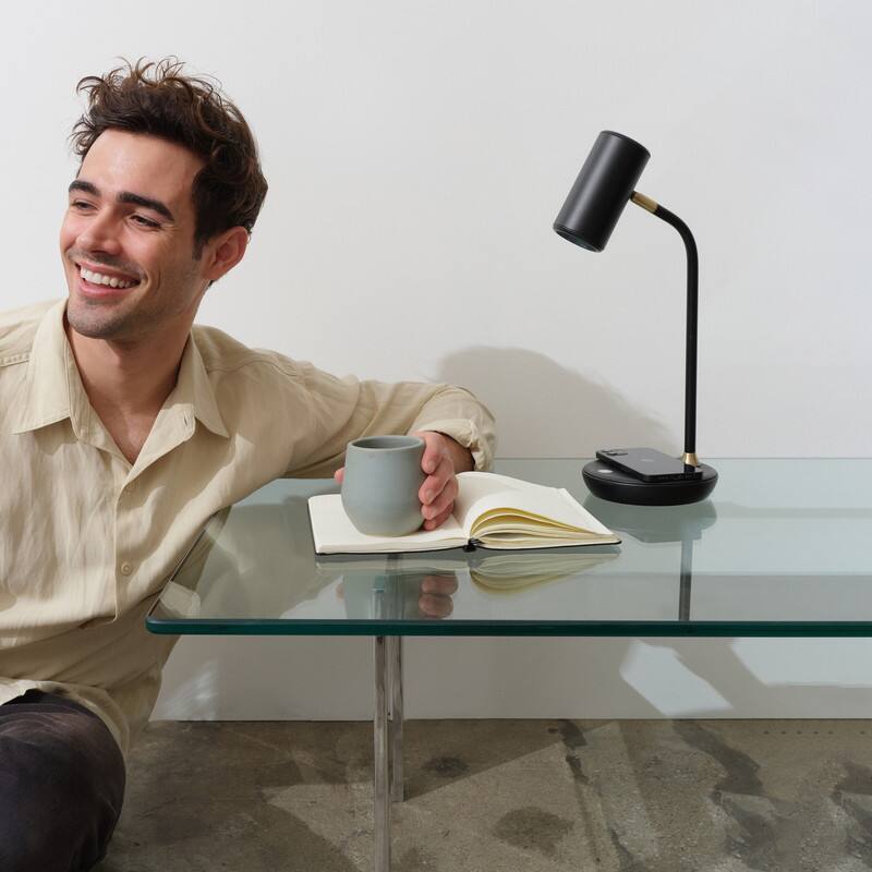 Alt View 2. Brightech - Ezra LED Modern Industrial Arc Dimmable Bedside Nightstand Desk Lamp with Wireless Charging Pad - Classic Matte Black.