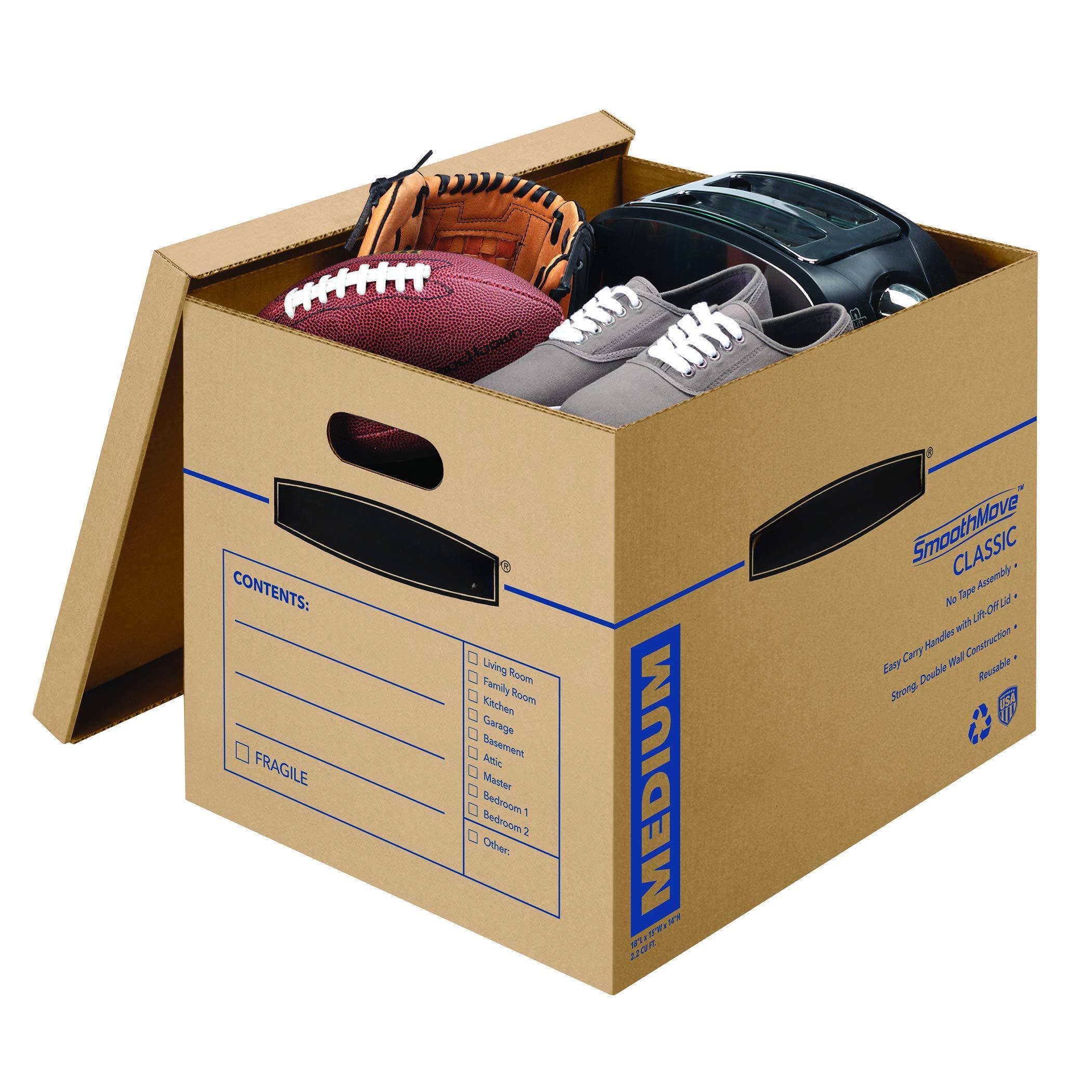 CONTENTS:  
- Living Room  
- Family Room  
- Kitchen  
- Garage  
- Basement  
- Attic  
- Master Bedroom  
- Bedroom 2  
- Other:  

FRAGILE  

MEDIUM  

SmoothMove CLASSIC  
No Tape Assembly  
Easy Carry Handles with Lift-Off Lid  
Strong, Double-Wall Construction  
Reusable  

NFL
