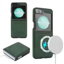 Dteck - Case for Samsung Galaxy Z Flip6/7 FE Matte Magnetic PU Leather Cover with Front Frame,Non-Slip Shockproof Phone Cover - Green