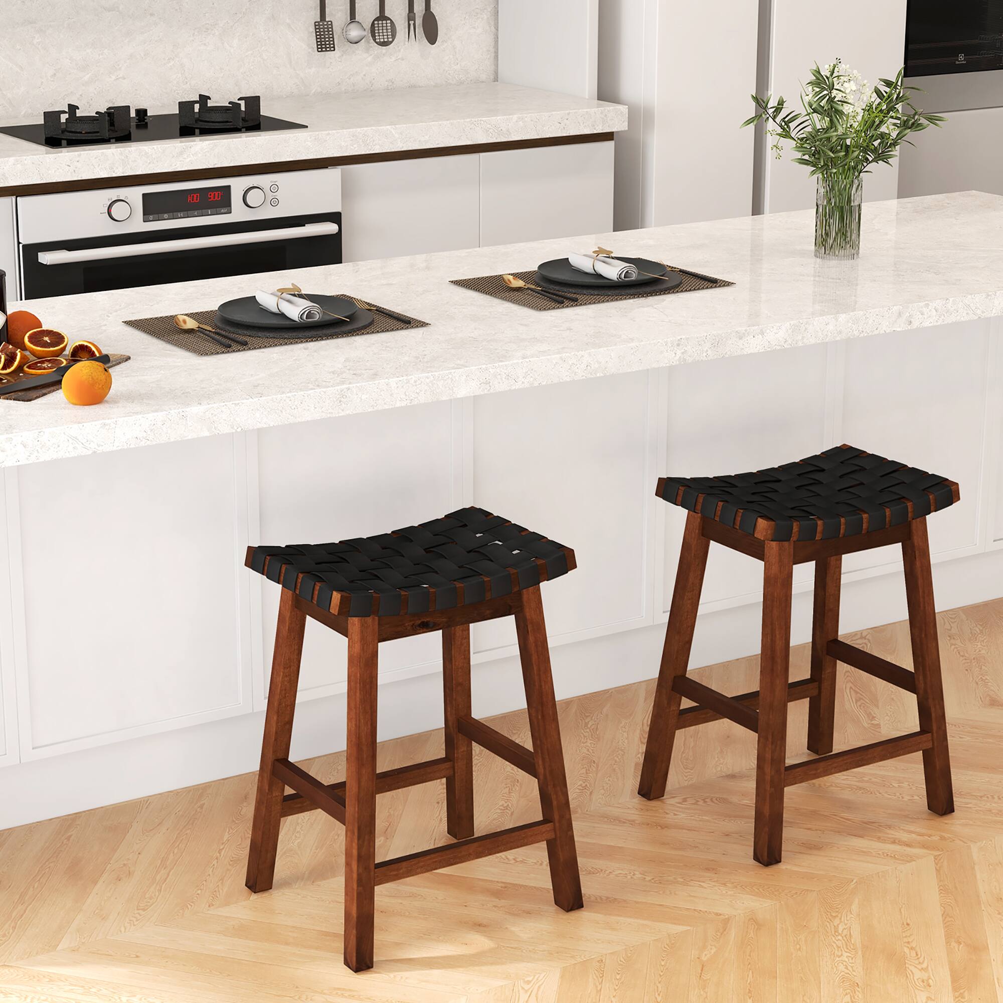 Alt View 4. Gymax - Gymax Saddle Stools Set of 4 25.5 Inch Counter Height Stools w/ PU Leather Woven Seat Brown - Brown, Black.